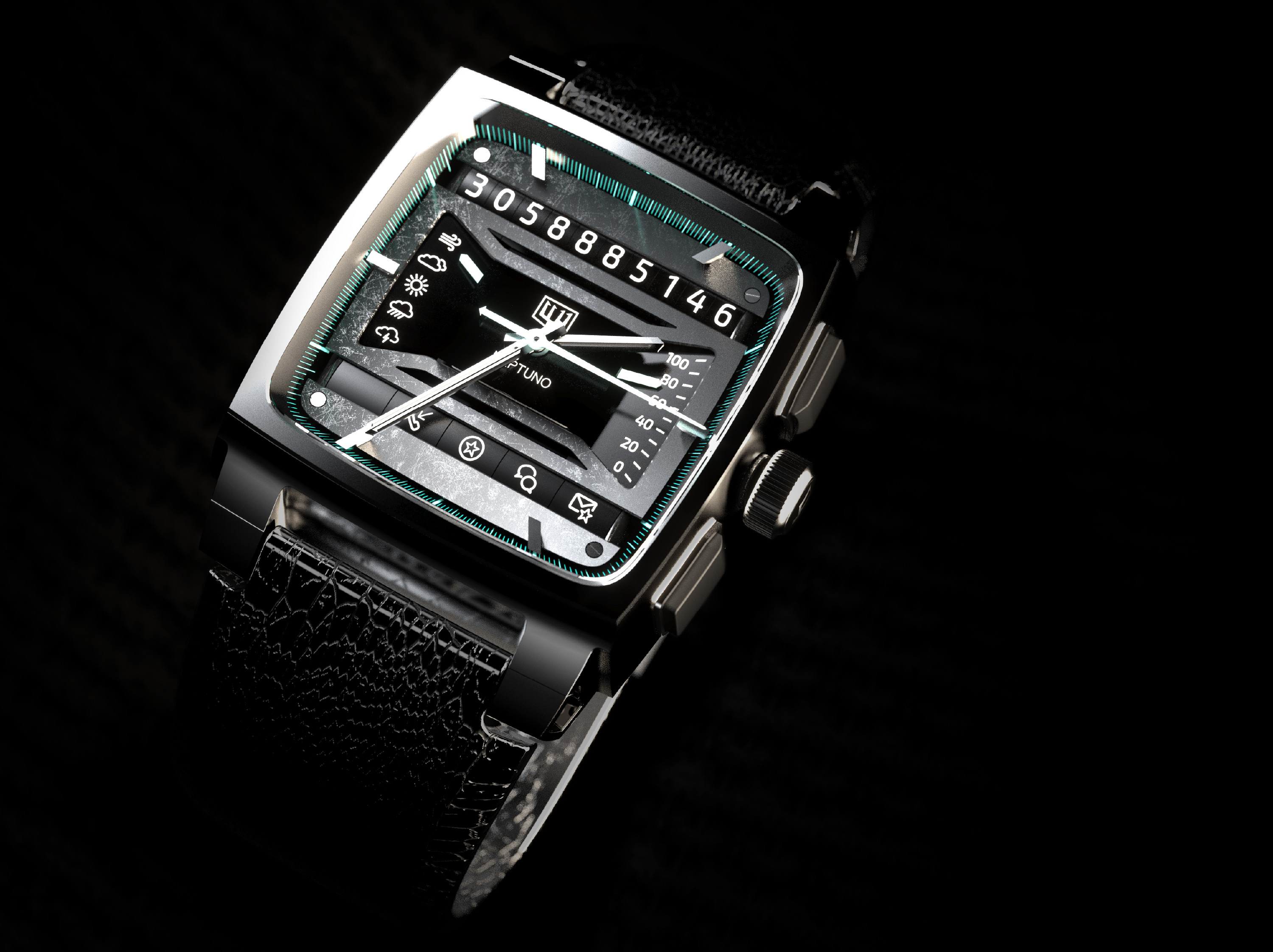 High-fidelity rendering of the Neptuno hybrid luxury smartwatch concept showing mechanical complications and integrated digital indicators.
