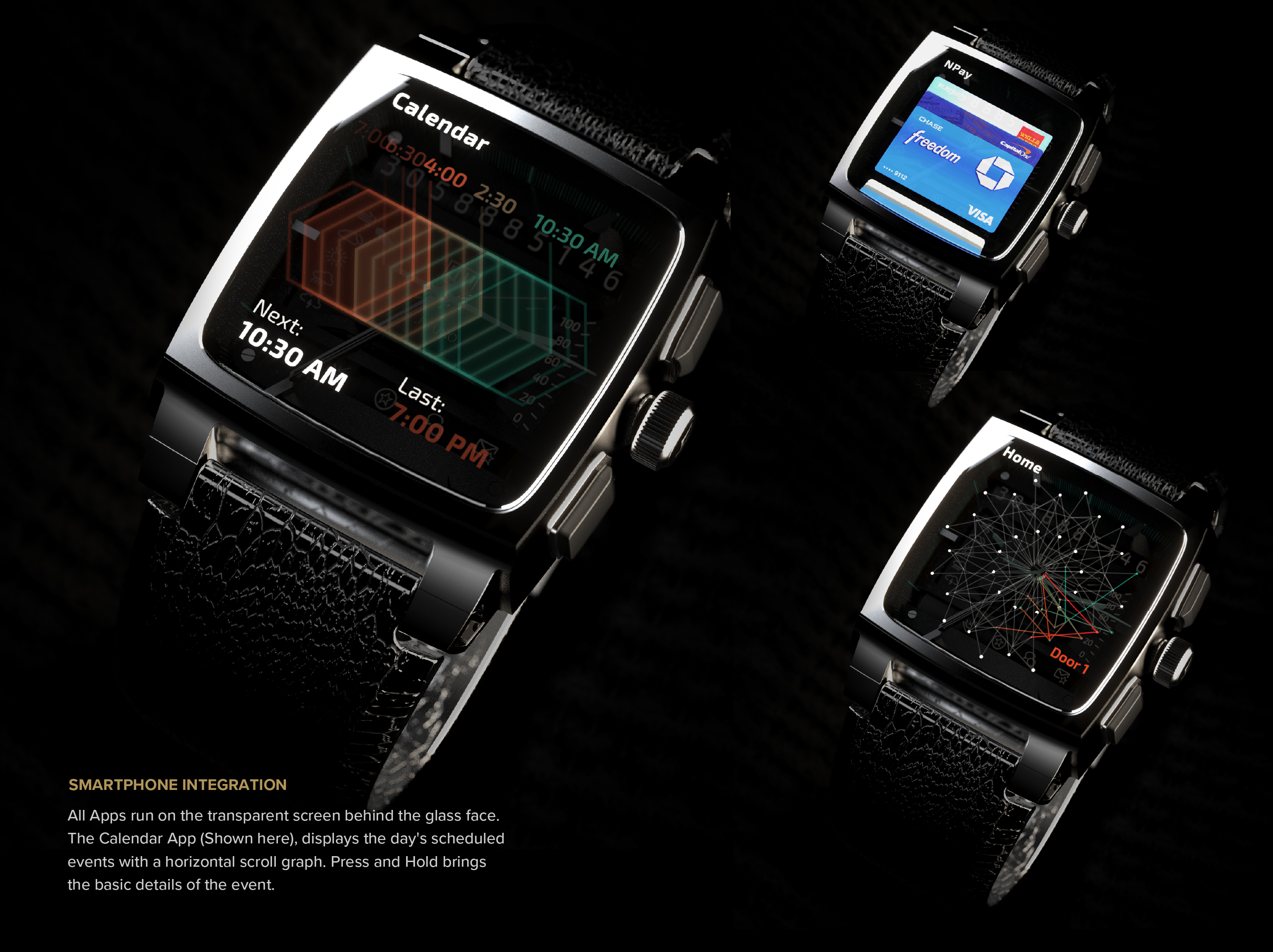 Concept visualizations of smartwatch applications displayed through a transparent interface layered beneath the watch glass.