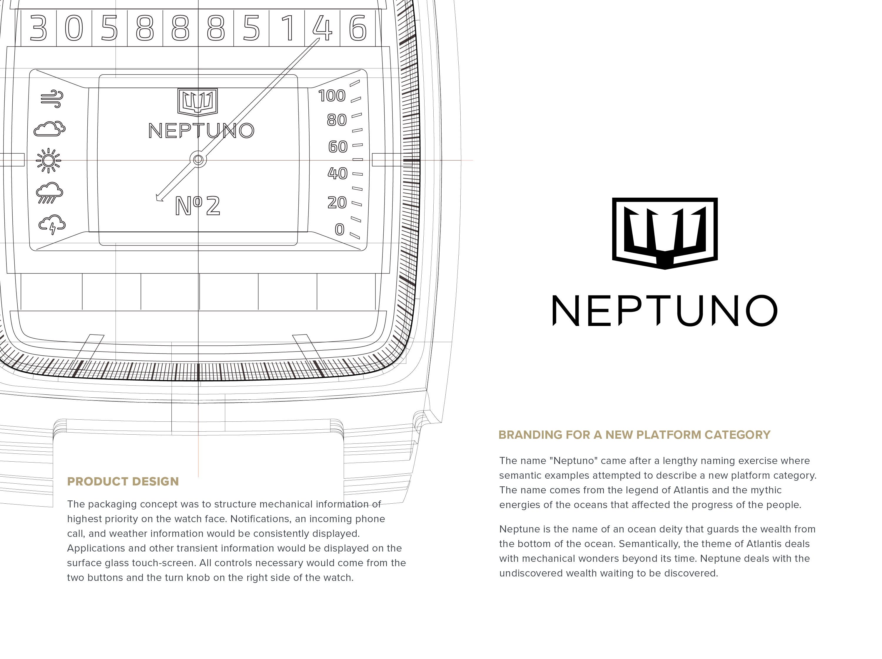Industrial design blueprint and brand identity exploration for the Neptuno hybrid mechanical smartwatch concept.