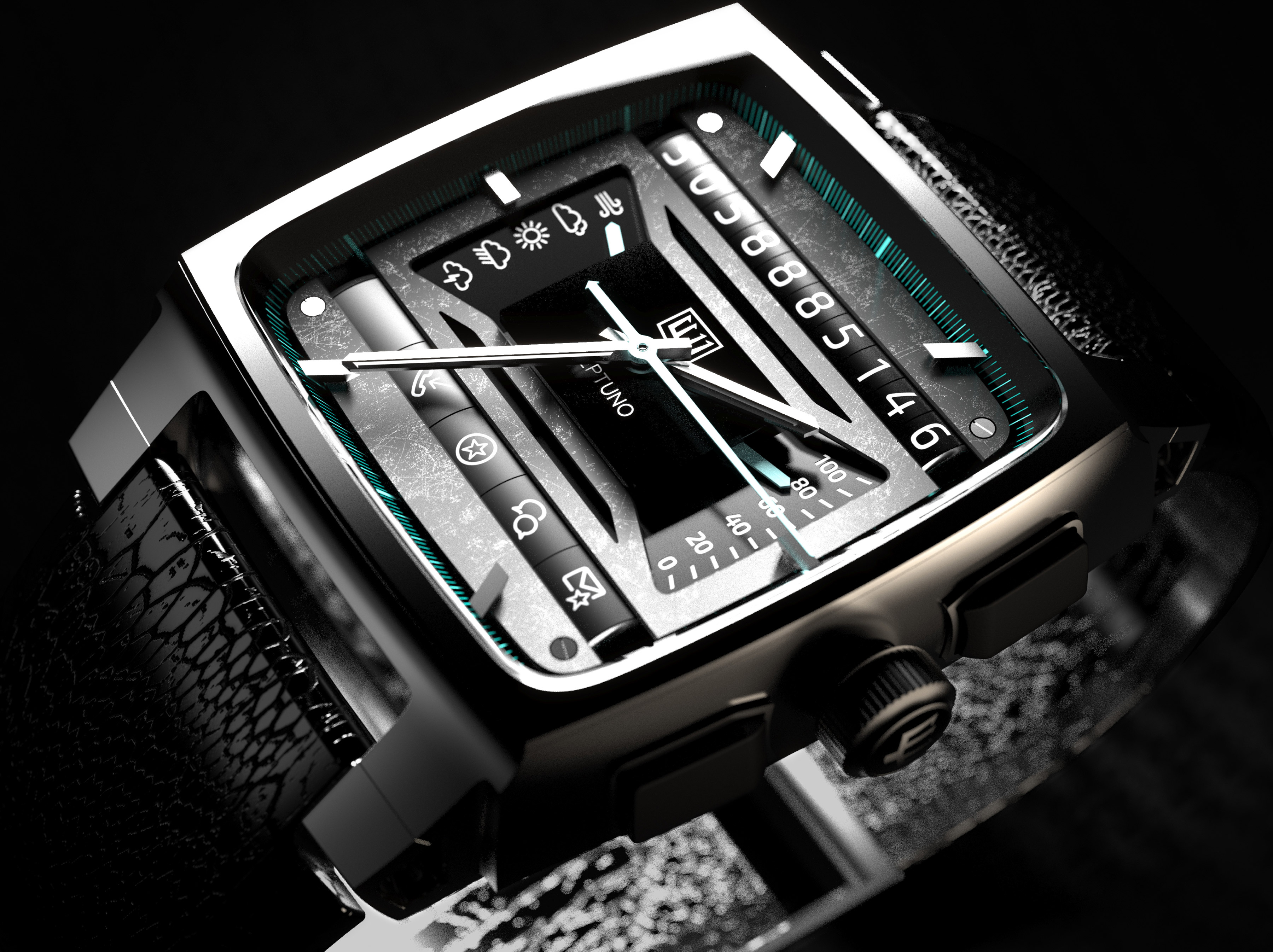 Luxury hybrid mechanical smartwatch concept “Neptuno” showing analog dial, mechanical complications, and integrated digital indicators.