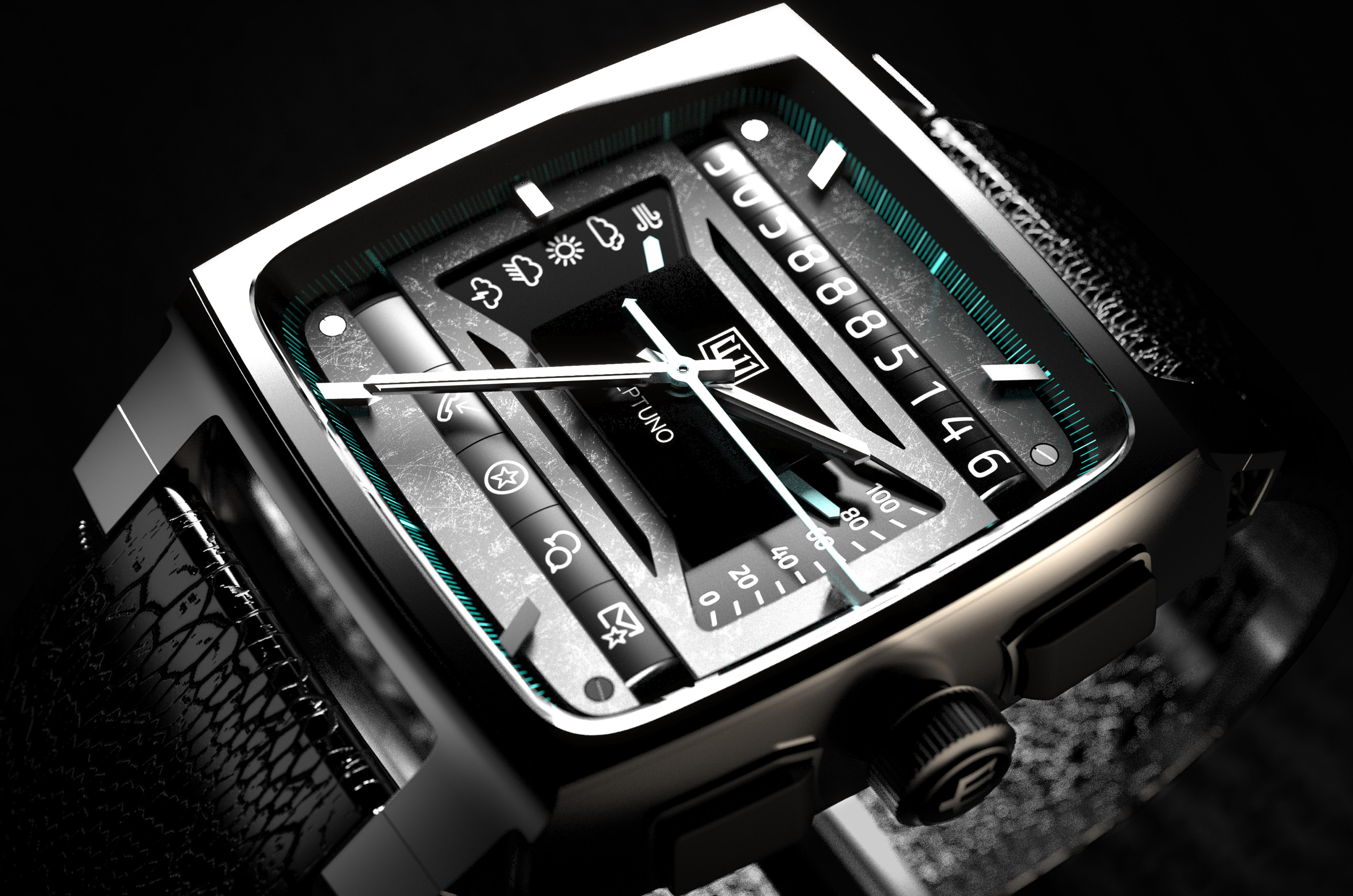 Luxury hybrid mechanical smartwatch concept “Neptuno” showing analog dial, mechanical complications, and integrated digital indicators.