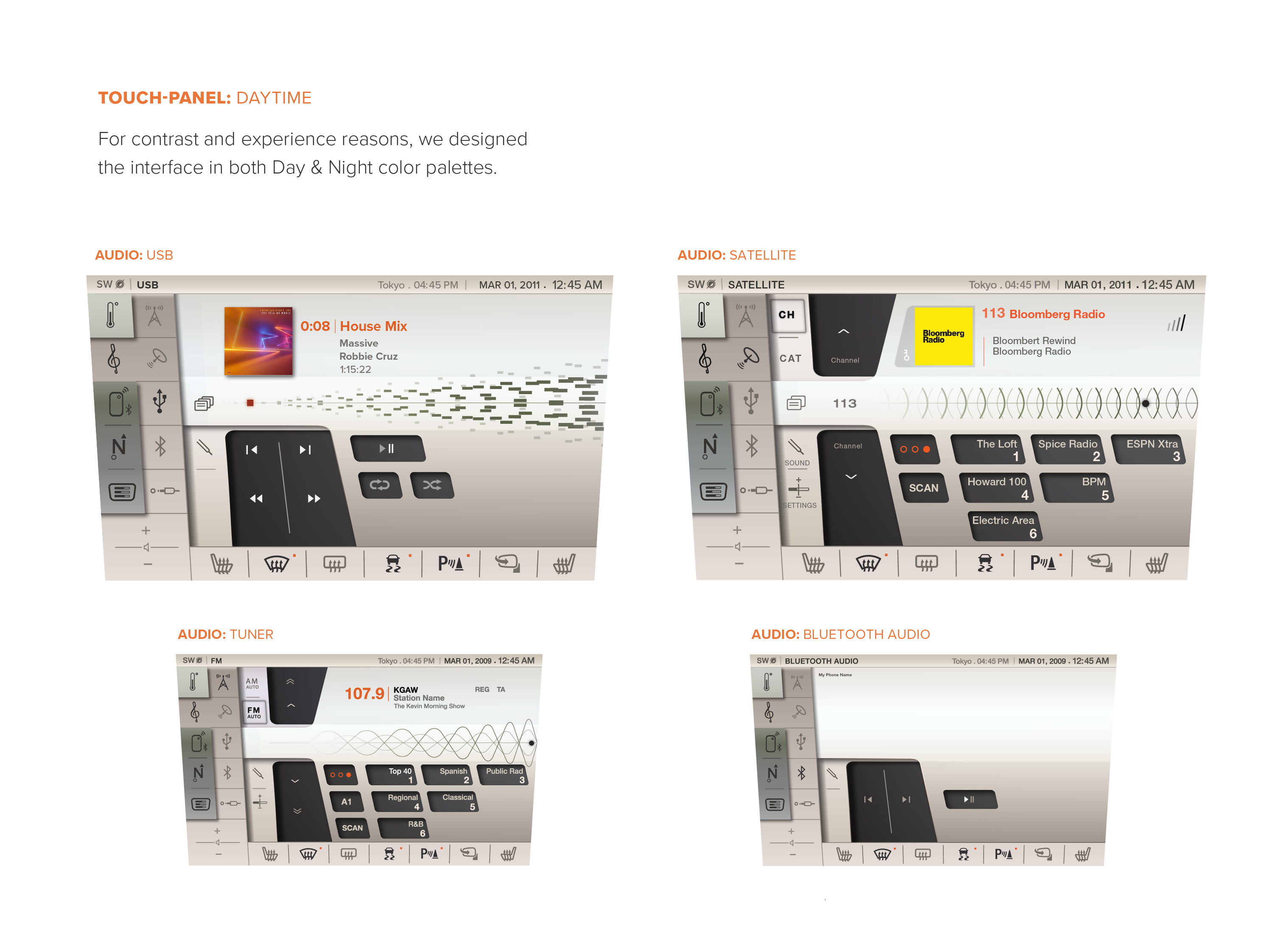 Audio interface screens for the Fisker Karma touchscreen system showing USB, satellite radio, tuner, and Bluetooth audio controls.