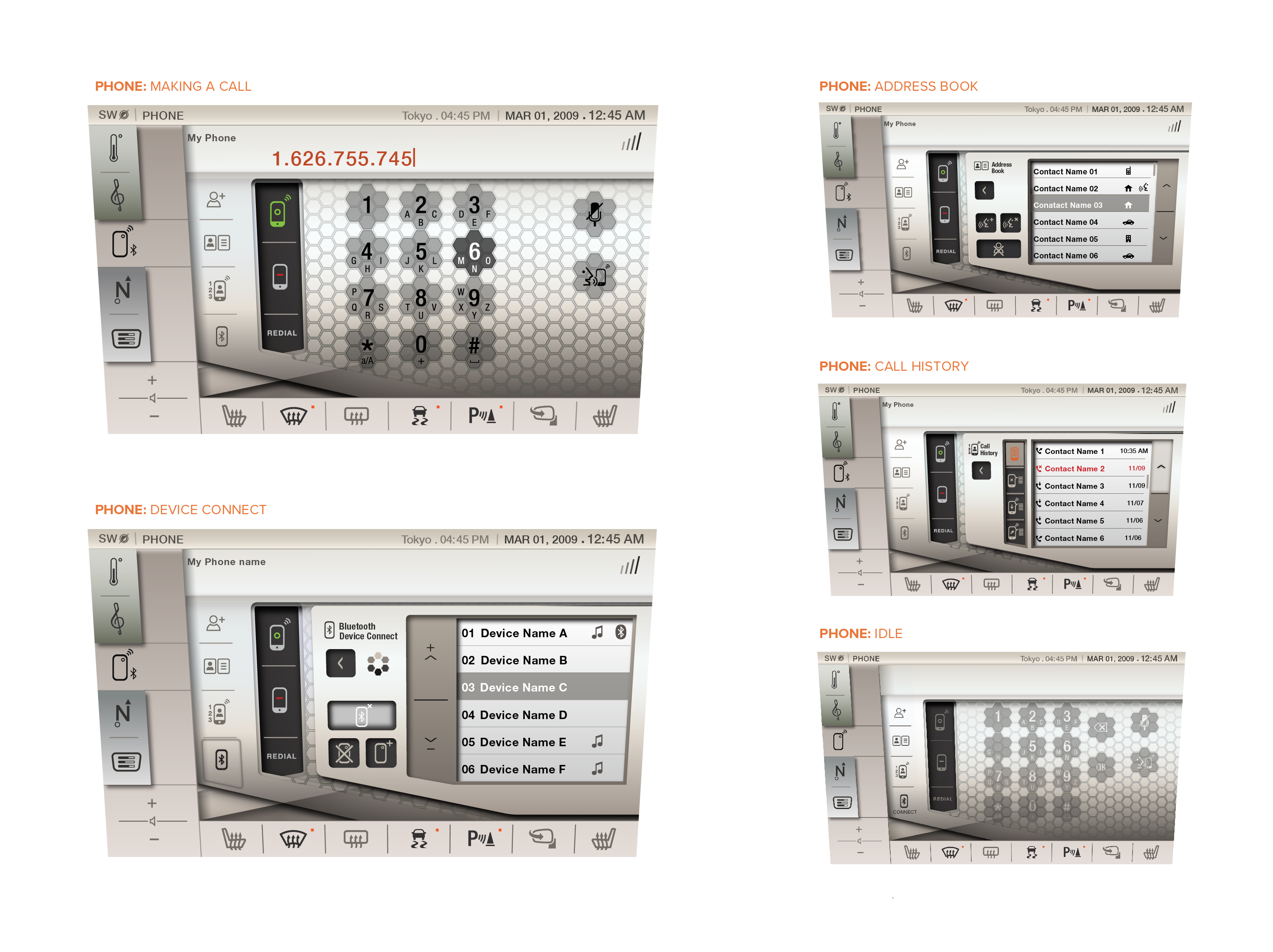 Fisker Karma touchscreen communication interface showing dial pad, address book, call history, and Bluetooth device connection screens.