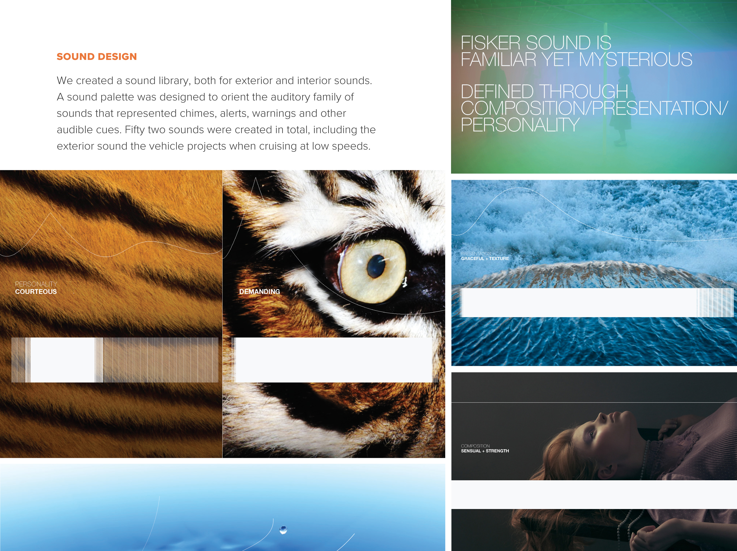 Concept board for Fisker Karma sound design defining the vehicle’s audio identity through sensory inspiration and sound palette research.