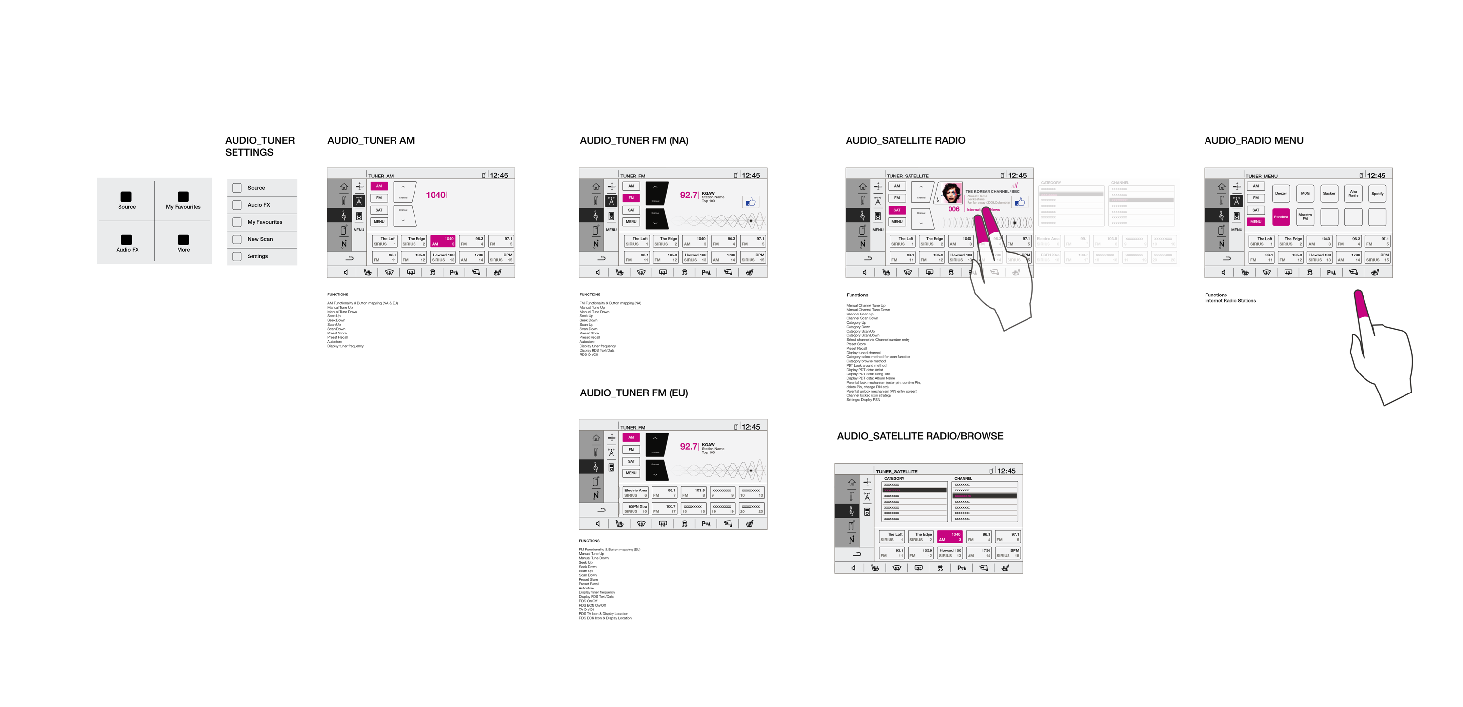 Audio and radio interface screens for the Fisker Karma infotainment system including tuner settings, satellite radio browsing, and media controls.