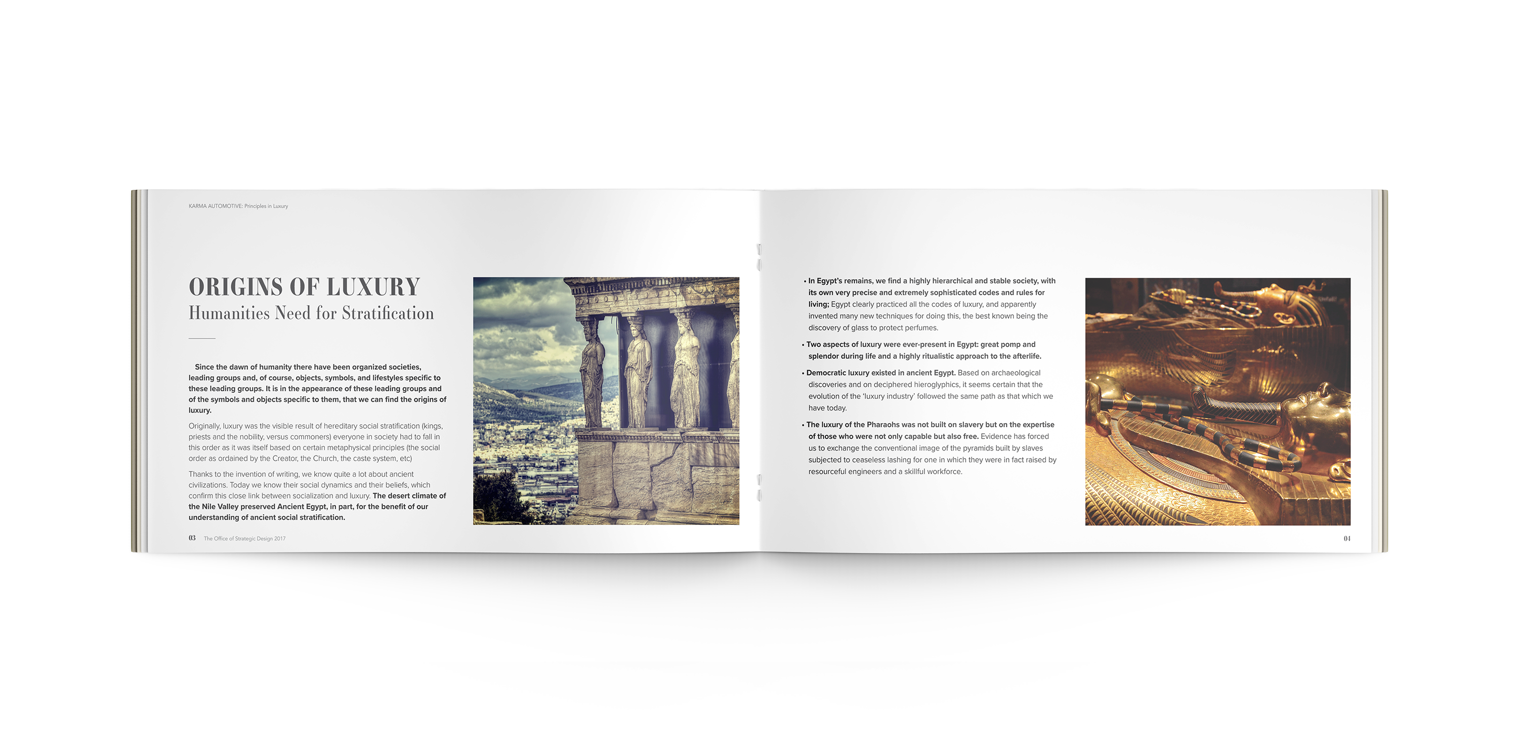 Historical analysis of the origins of luxury showing ancient Egyptian architecture and royal artifacts as symbols of social hierarchy.