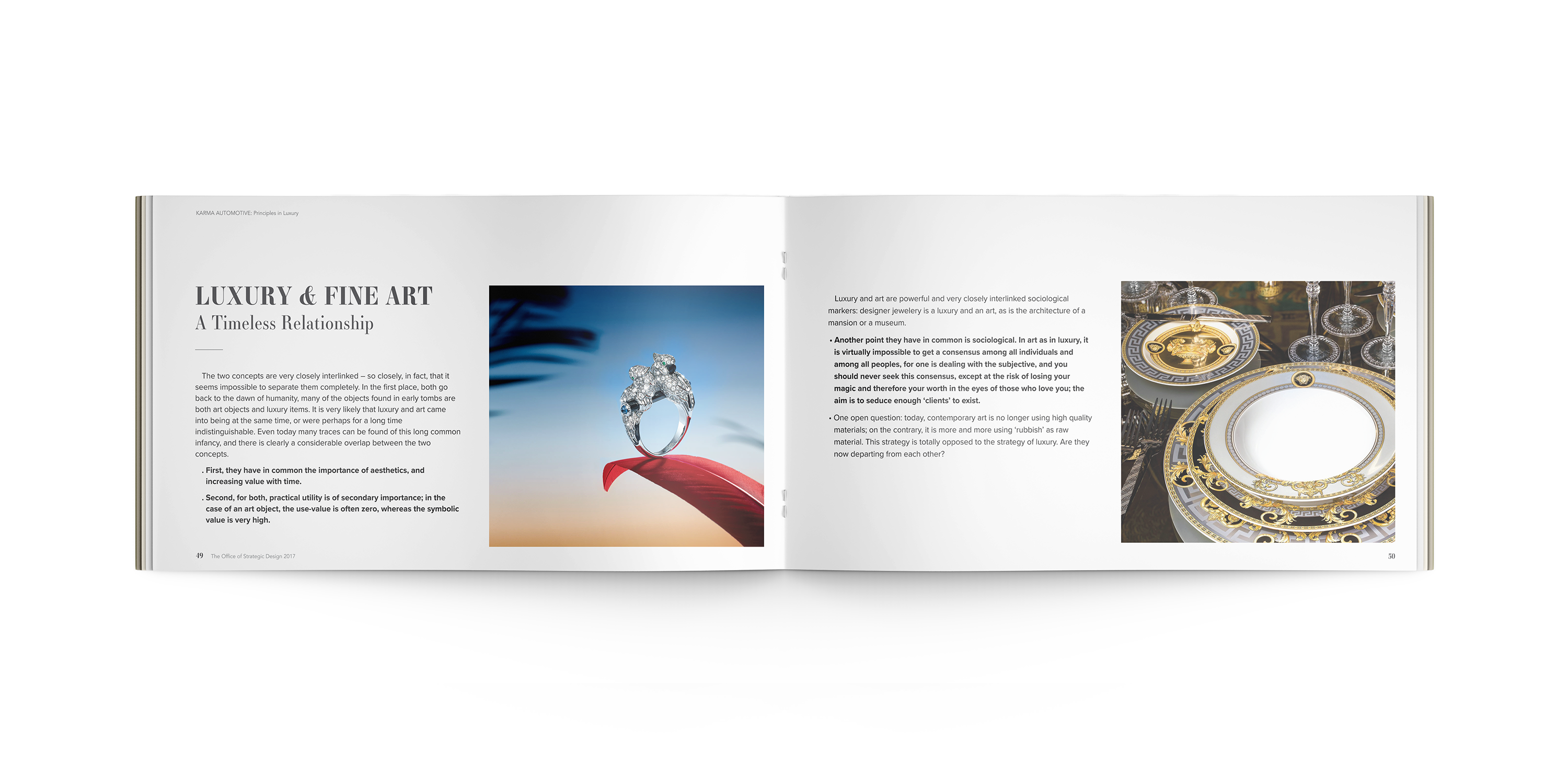 Strategy slide exploring the relationship between luxury goods and fine art through craftsmanship, symbolism, and cultural value.