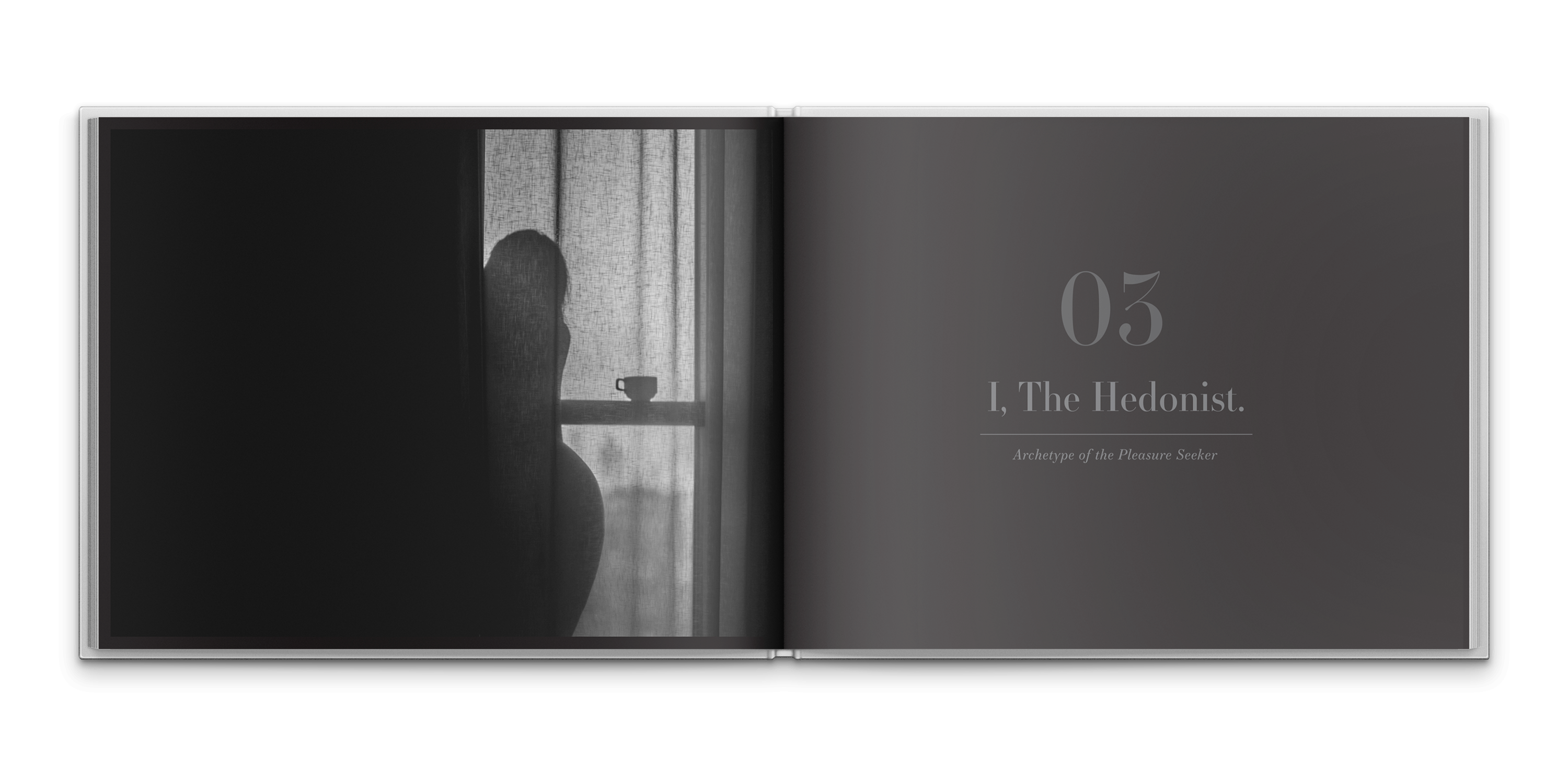 Brand book spread introducing the Hedonist archetype with atmospheric editorial photography representing pleasure-seeking luxury culture.