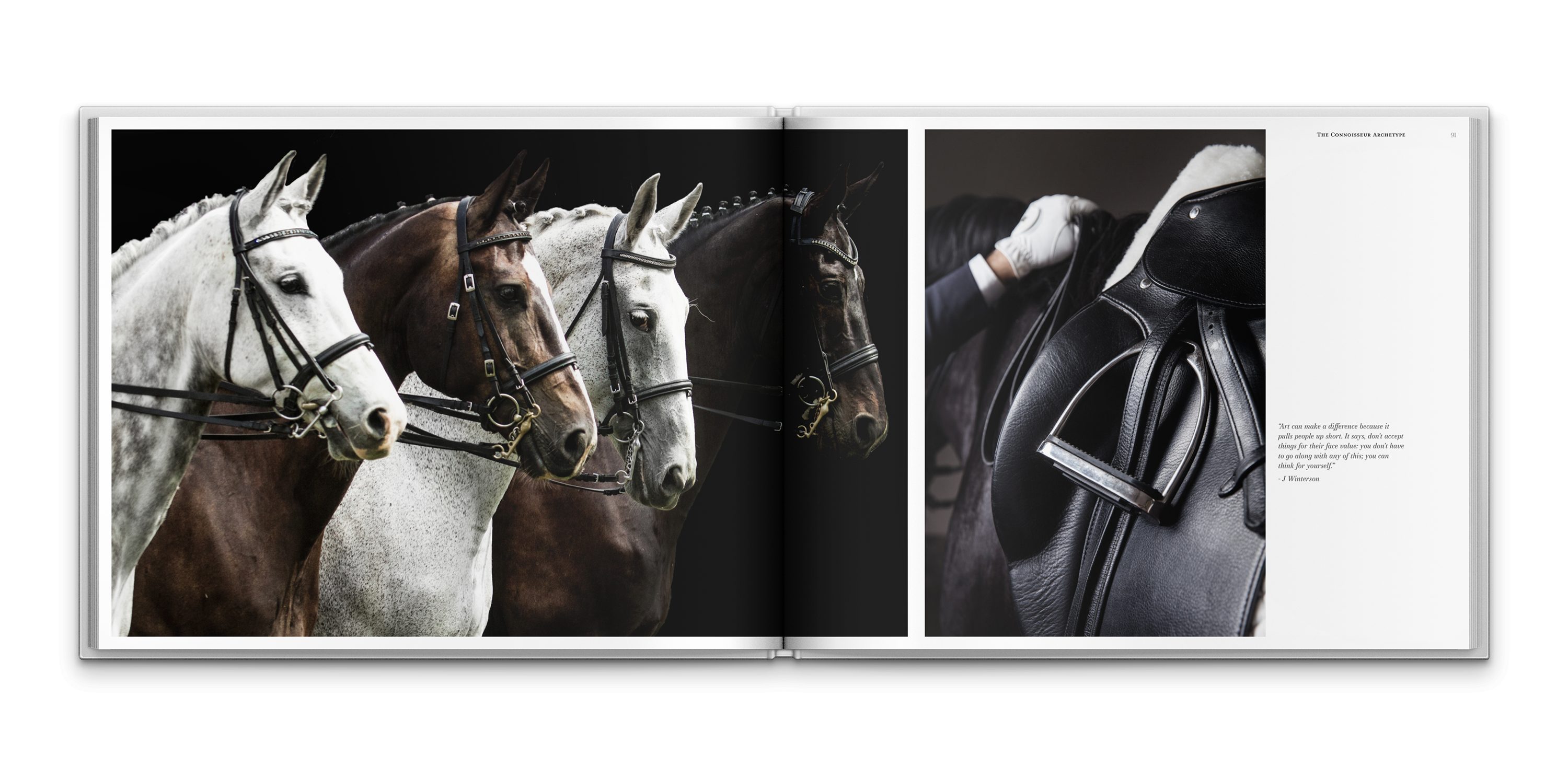 Connoisseur archetype brand strategy spread featuring imagery of equestrian culture and luxury craftsmanship.