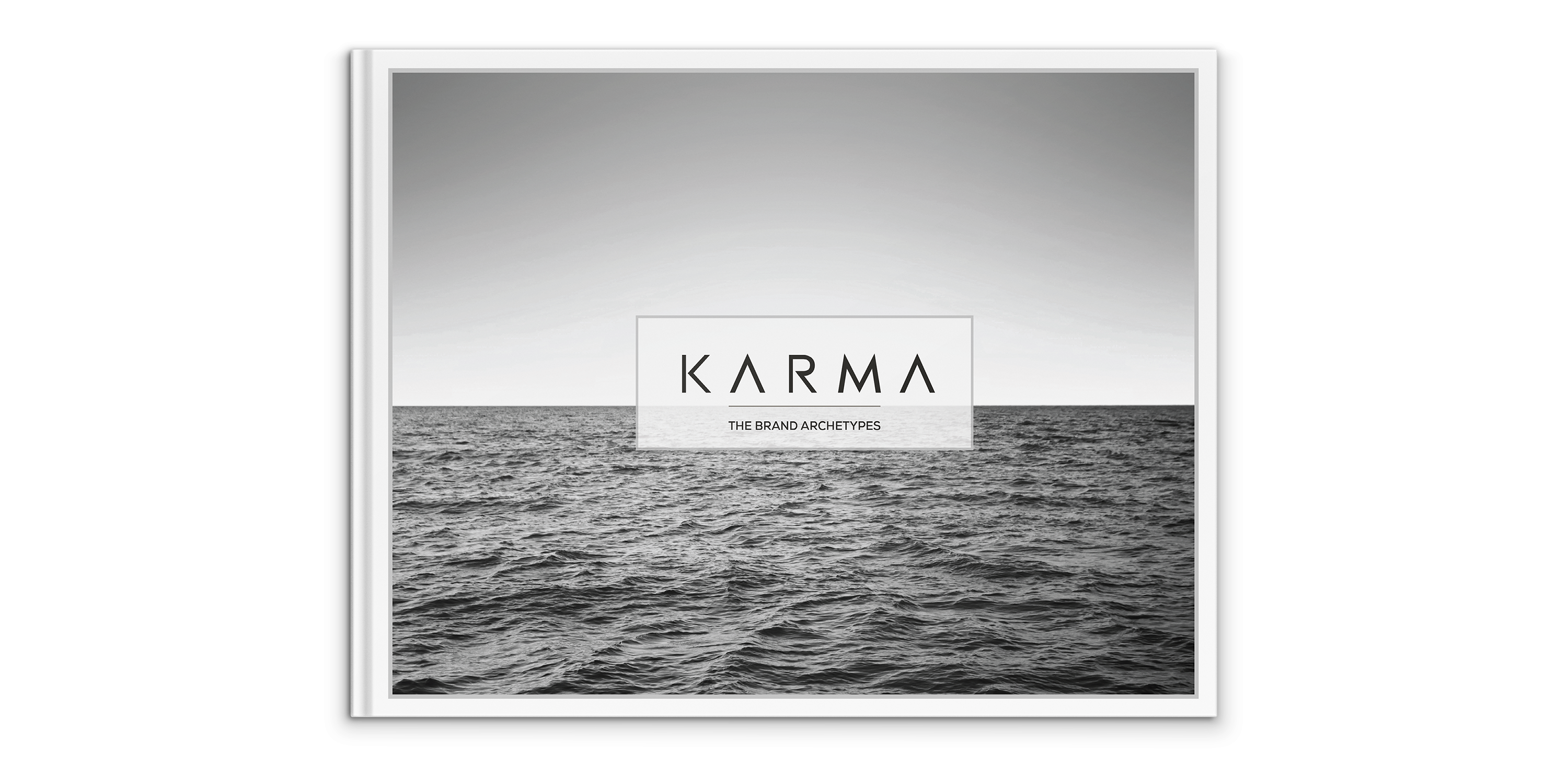 Cover of the Karma Automotive brand archetypes book featuring a minimalist ocean horizon image representing luxury brand philosophy and strategic foundations.