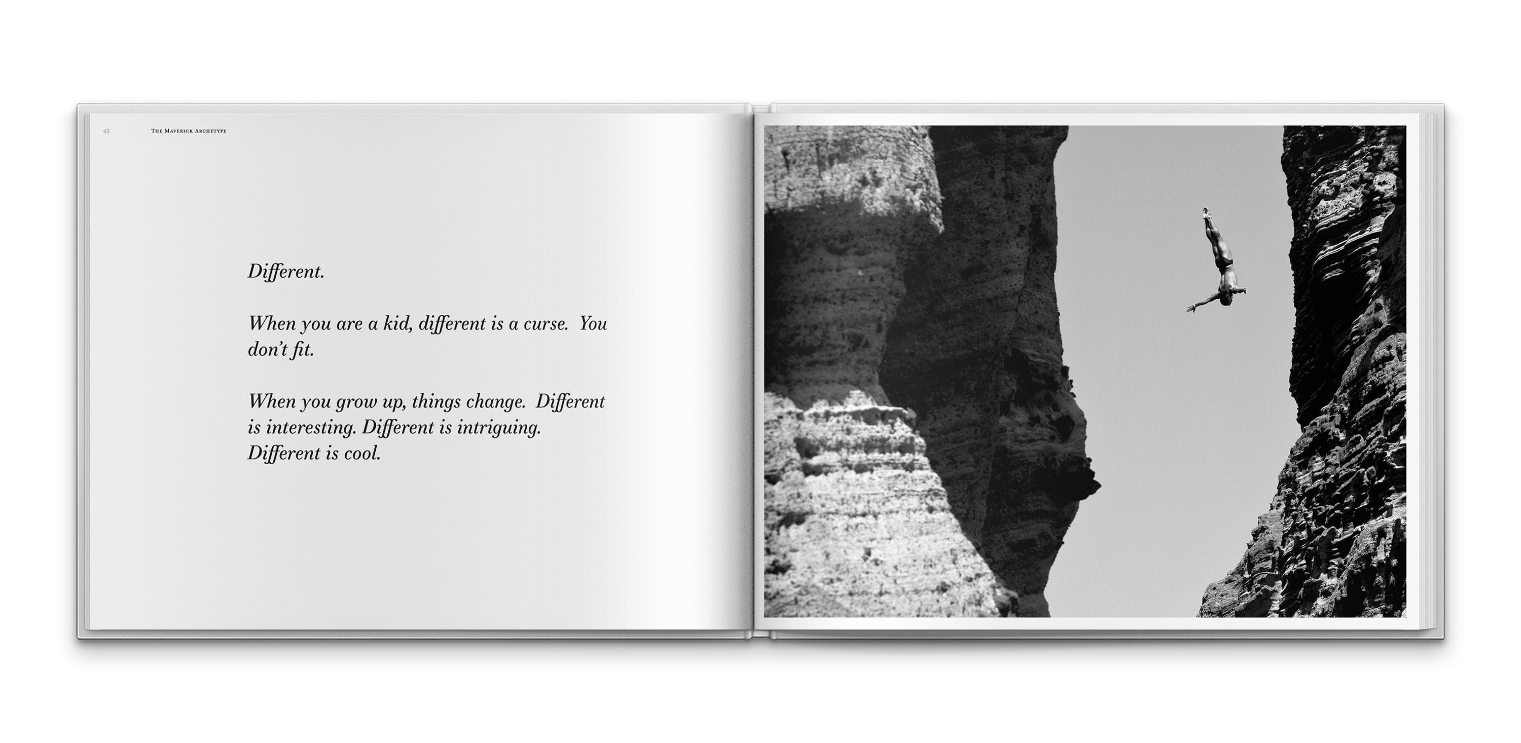 Black and white cliff-diving photograph symbolizing the Maverick archetype and the brand value of bold independence.