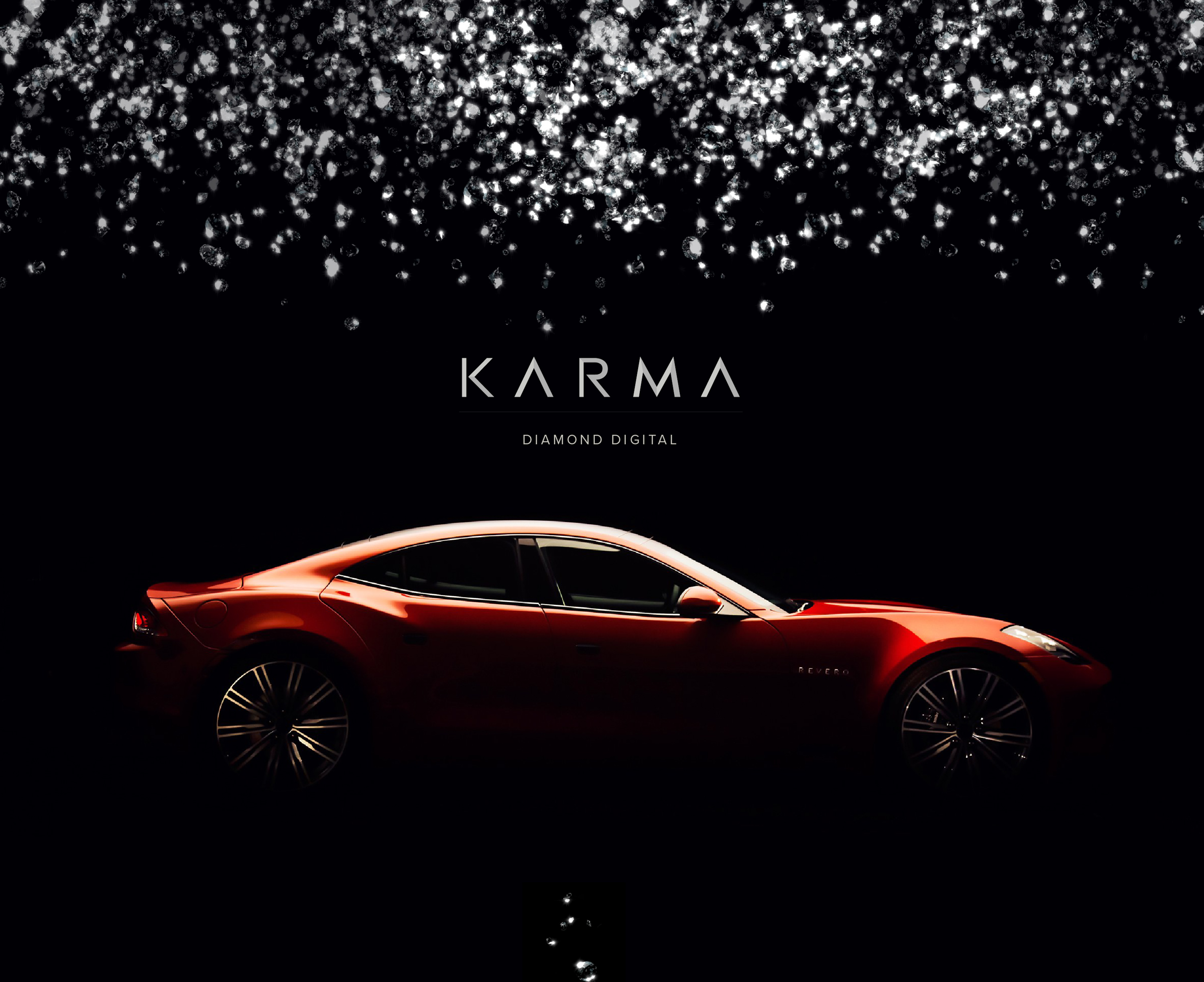 Vertical sequence, plate 1 of 10. A red Karma Revero luxury sedan appears in profile against a dark background, beneath a cascade of sparkling diamonds. The title “Karma Diamond Digital” introduces the concept of a diamond-inspired digital interface.
