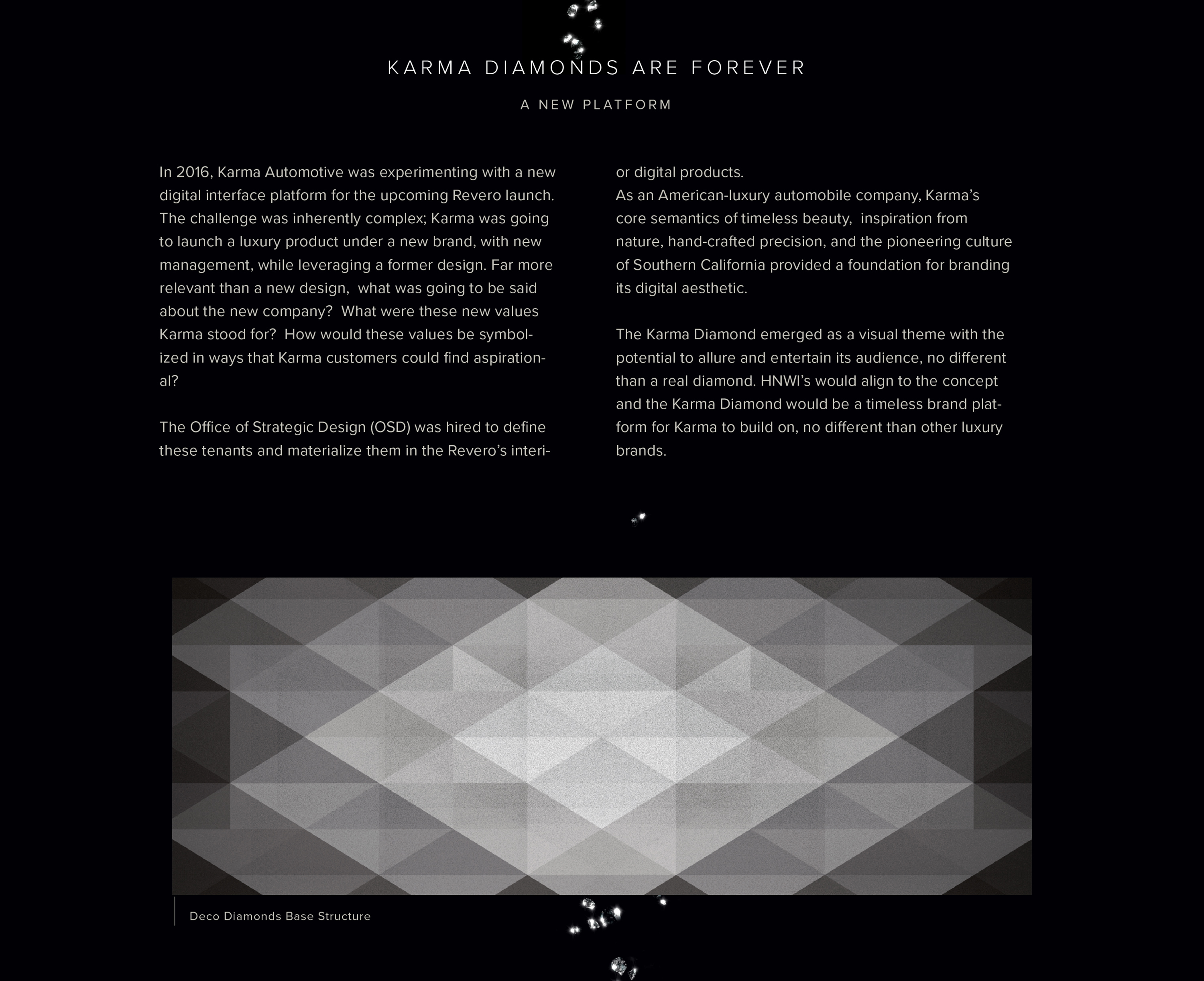 Vertical sequence, plate 2 of 10. Text introduces the Karma Diamond Digital platform alongside imagery of diamond-inspired patterns that establish the geometric theme used throughout the interface design.