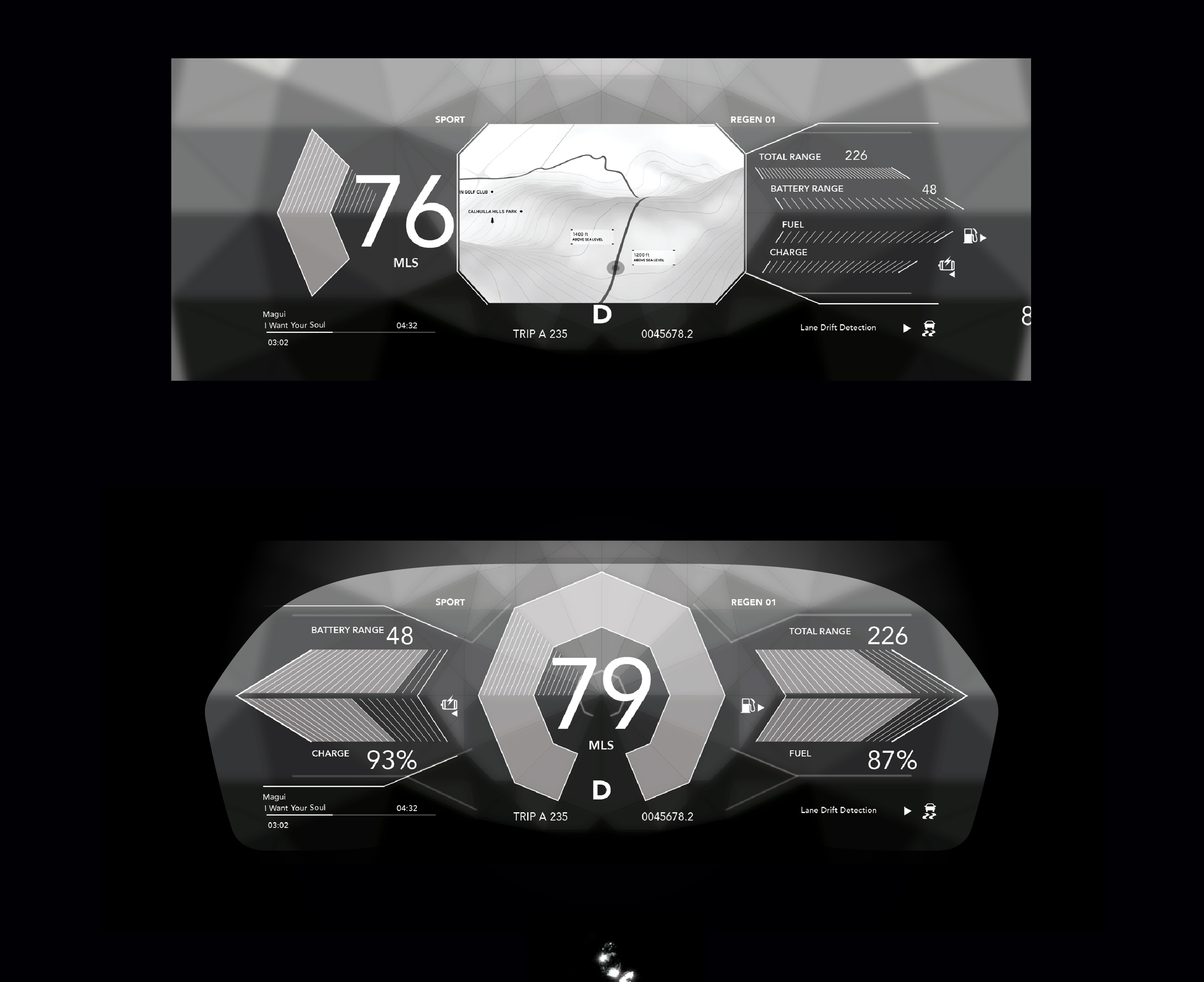 Vertical sequence, plate 7 of 10. Dashboard concept built on a faceted diamond structure, presenting vehicle metrics such as range, energy consumption, and torque within polygonal panels surrounding a central speed display.