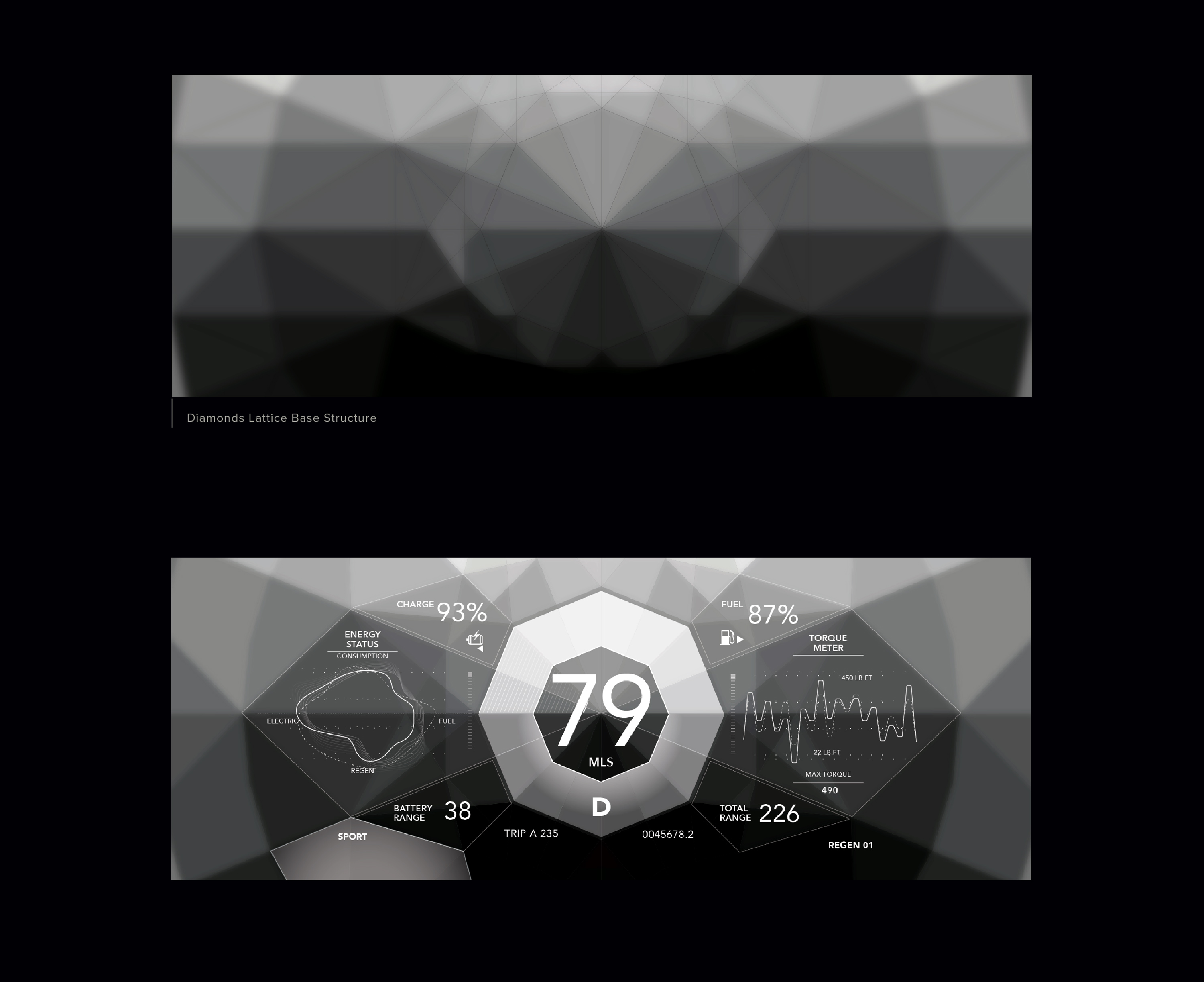 Vertical sequence, plate 6 of 10. The second concept introduces a radial diamond lattice structure where UI panels radiate outward, creating a more fluid and spatially dynamic dashboard interface.