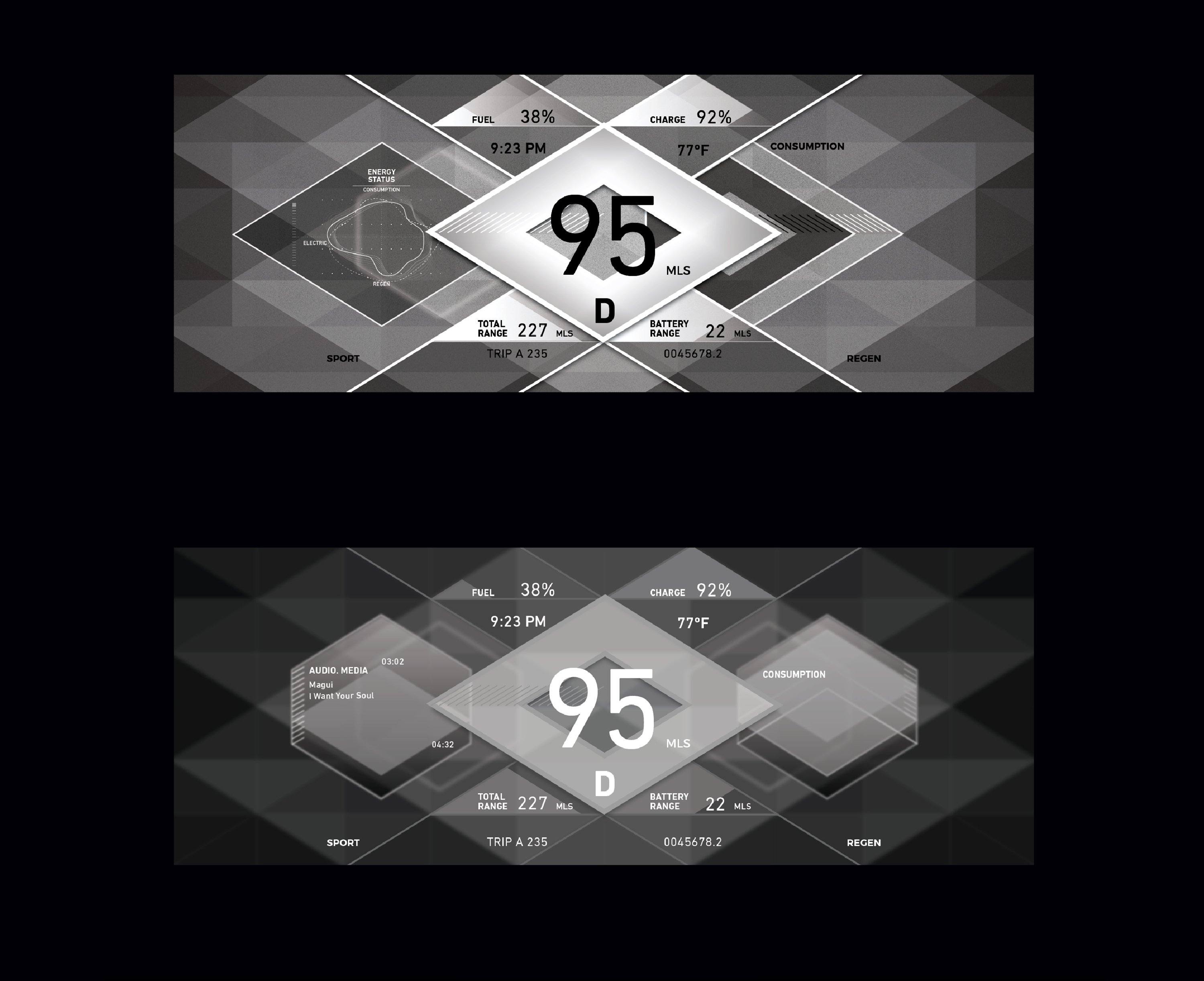 Vertical sequence, plate 4 of 10. Instrument cluster concepts showing layered diamond-shaped panels displaying vehicle information such as speed, fuel, battery range, and trip data.