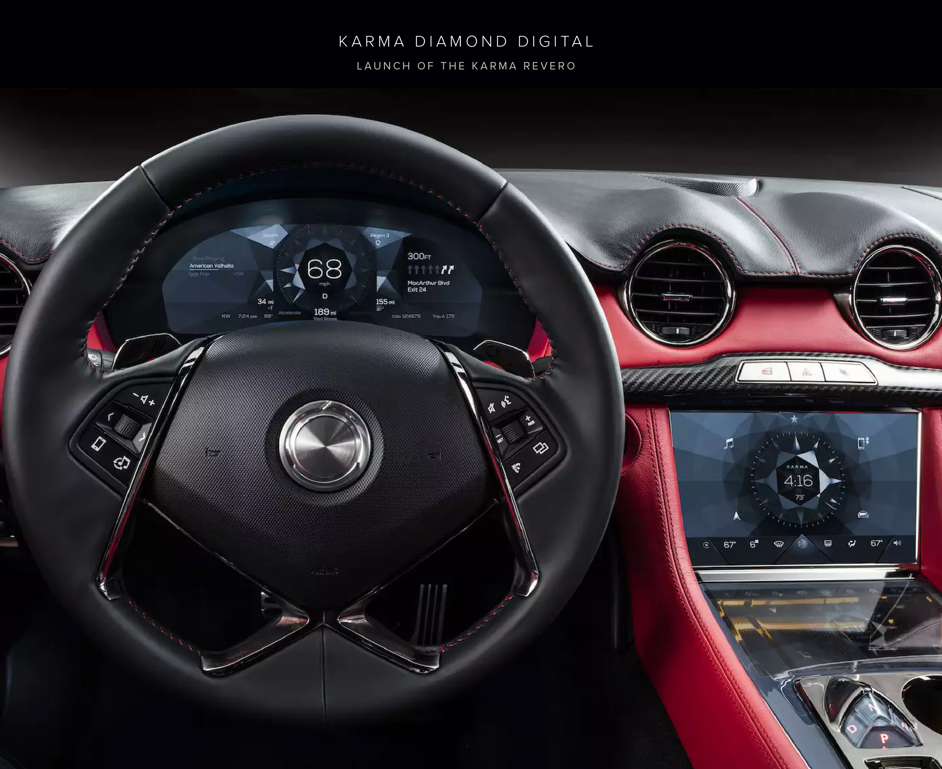Vertical sequence, plate 10 of 10. Photograph of the Karma Revero interior showing the implemented digital instrument cluster behind the steering wheel and the infotainment display in the center console.