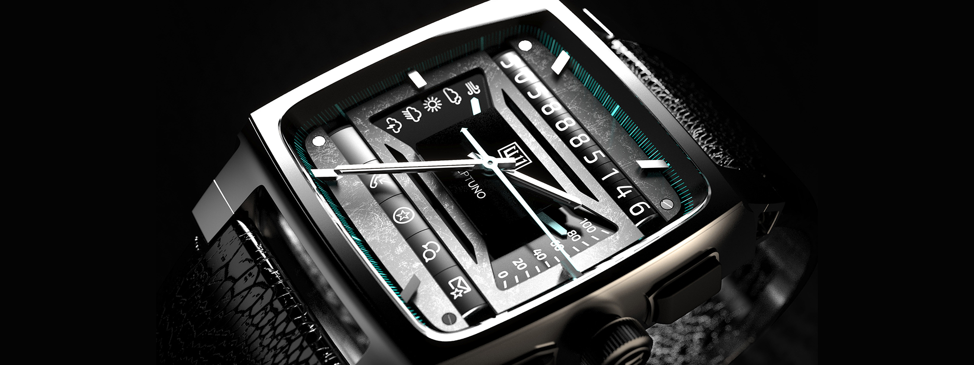 Luxury hybrid mechanical smartwatch concept “Neptuno” showing analog dial, mechanical complications, and integrated digital indicators.