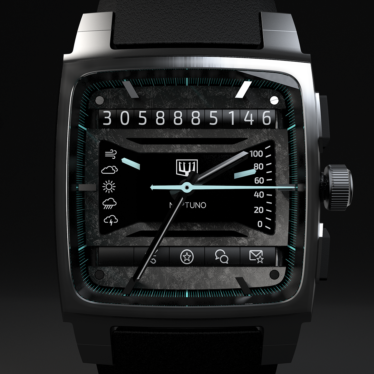 Luxury hybrid mechanical smartwatch concept “Neptuno” showing analog dial, mechanical complications, and integrated digital indicators in front view.