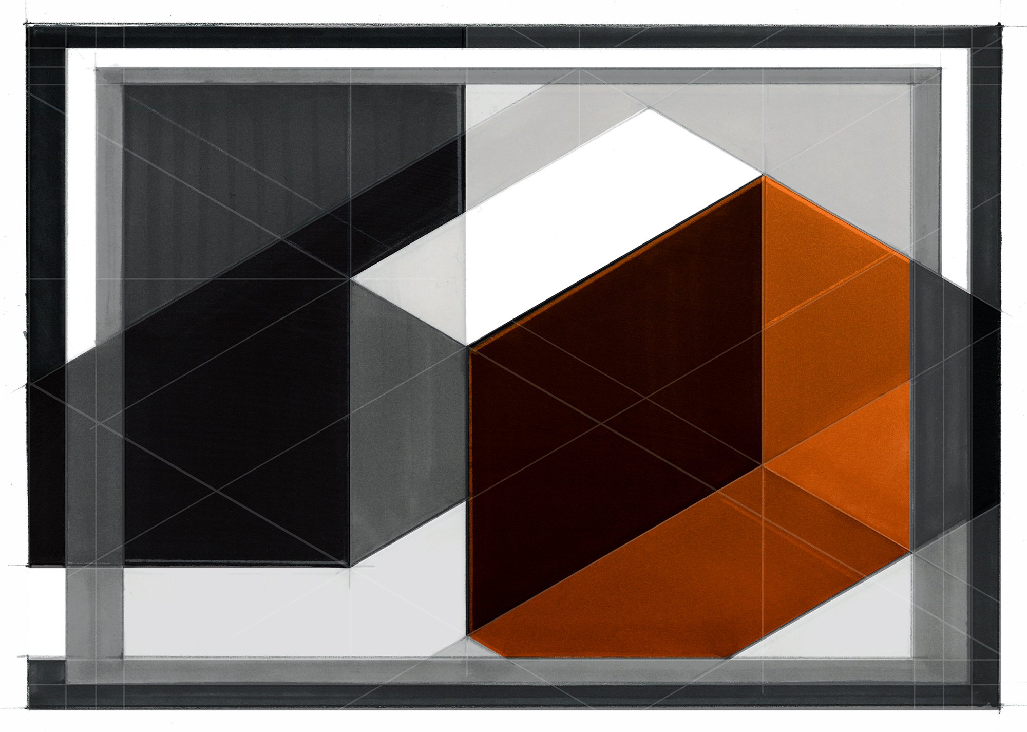 Structured geometric composition exploring dimensionality, contrast, and spatial hierarchy within a defined grid system.