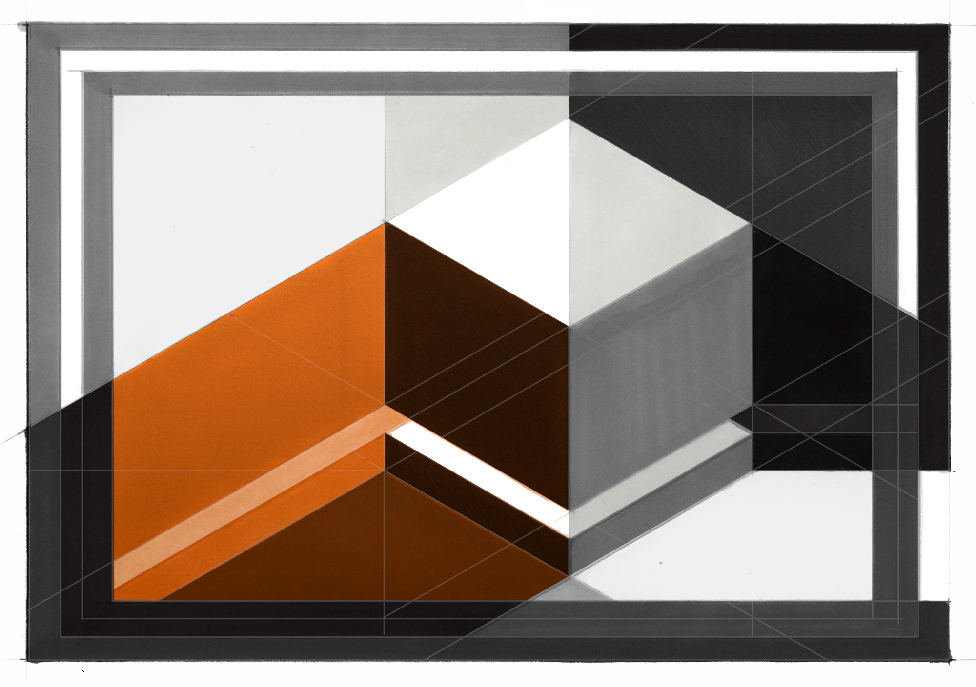 Geometric composition study using angular forms and a restrained color palette to establish visual balance and brand tonality.