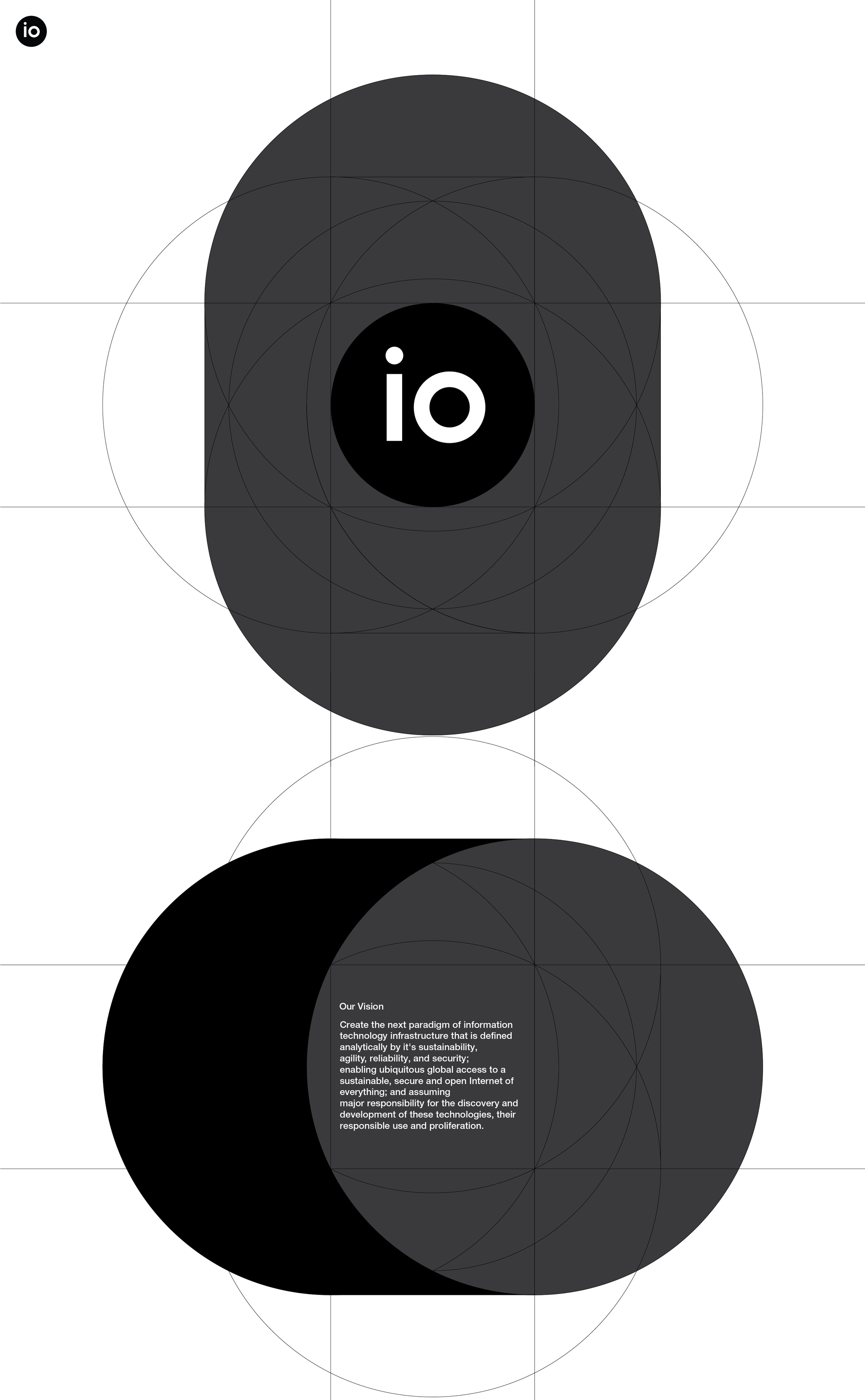Logo construction study using circular geometry and grid systems to define proportion, alignment, and scalability.