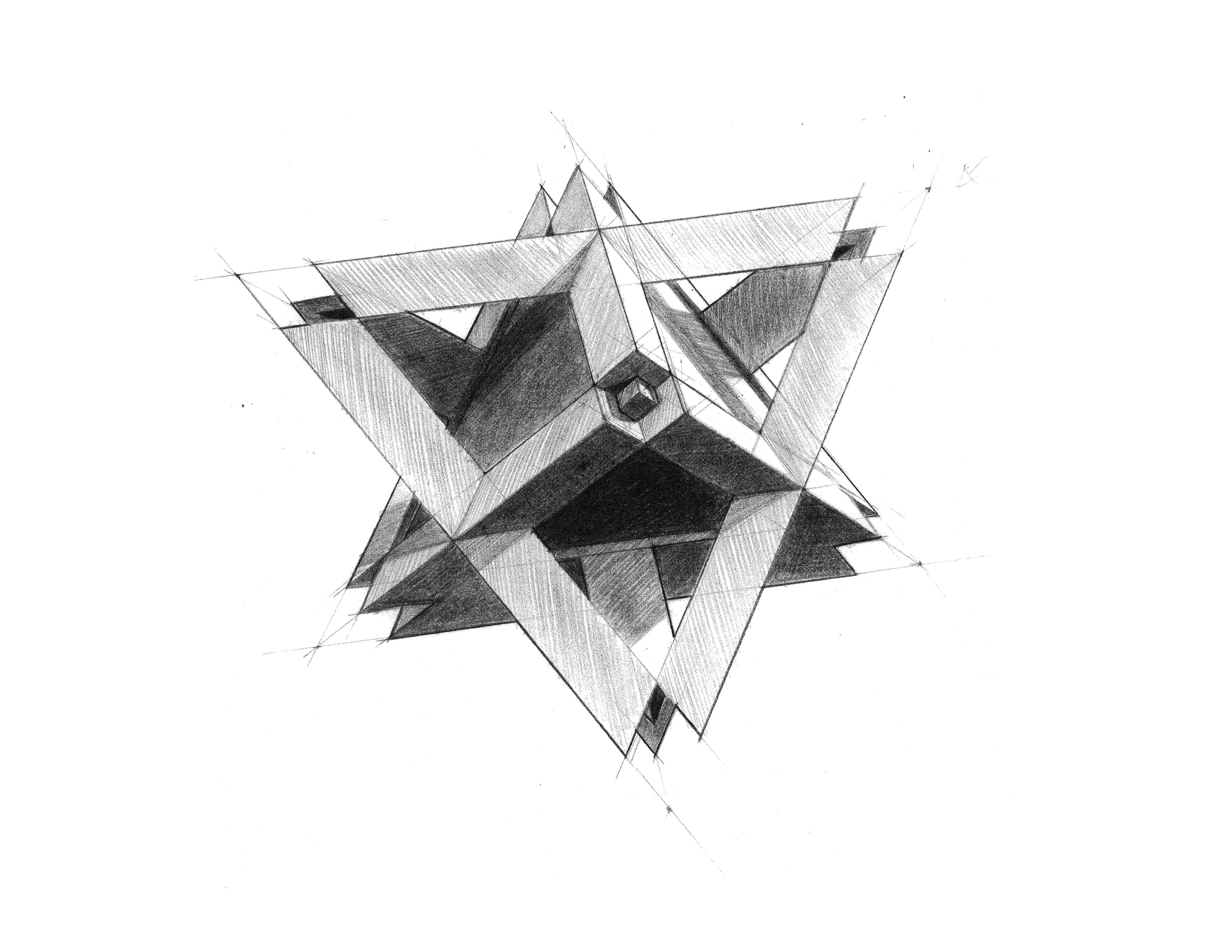 Geometric concept sketch exploring intersecting triangular forms and structural symmetry.
