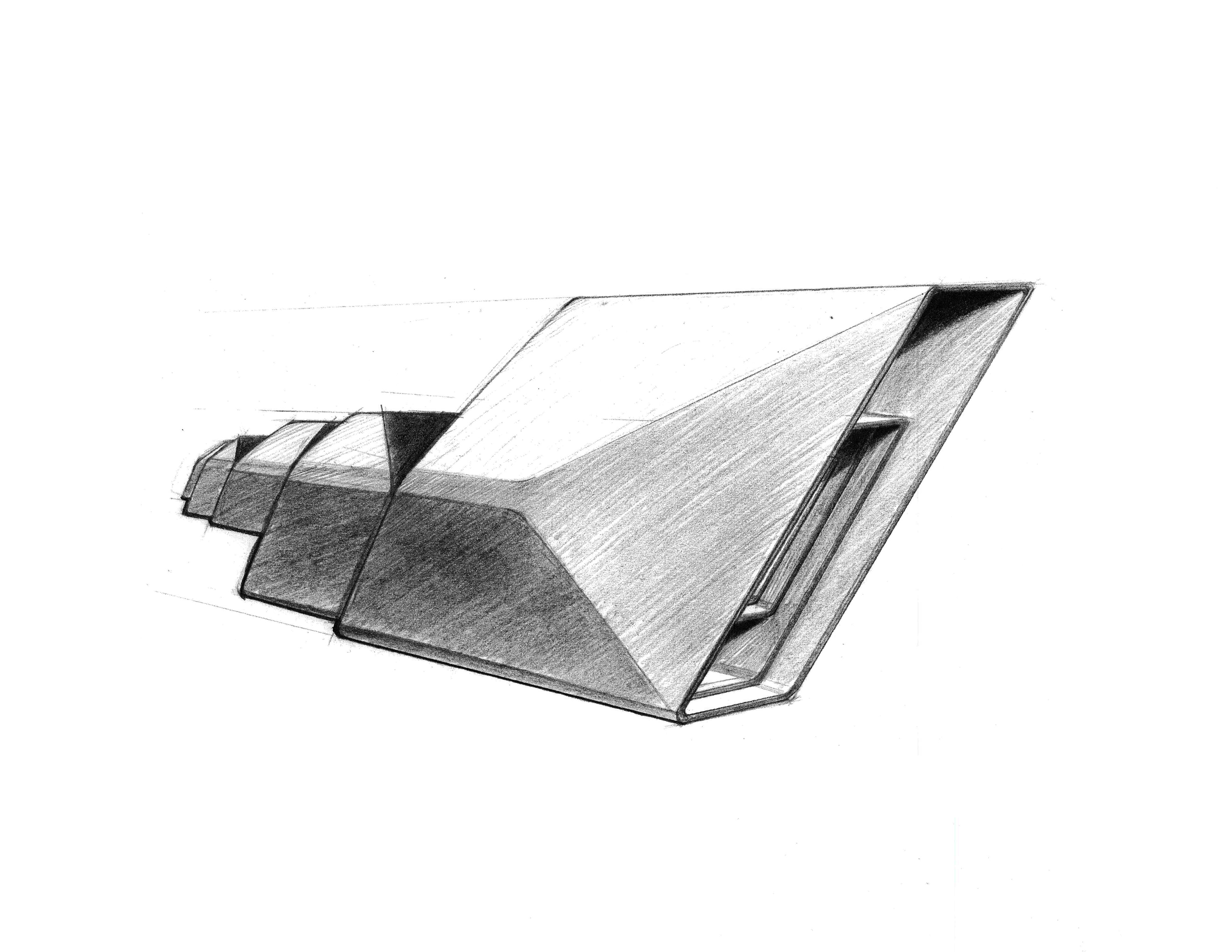 Angular module concept with faceted planes and directional geometry suggesting durability and precision.