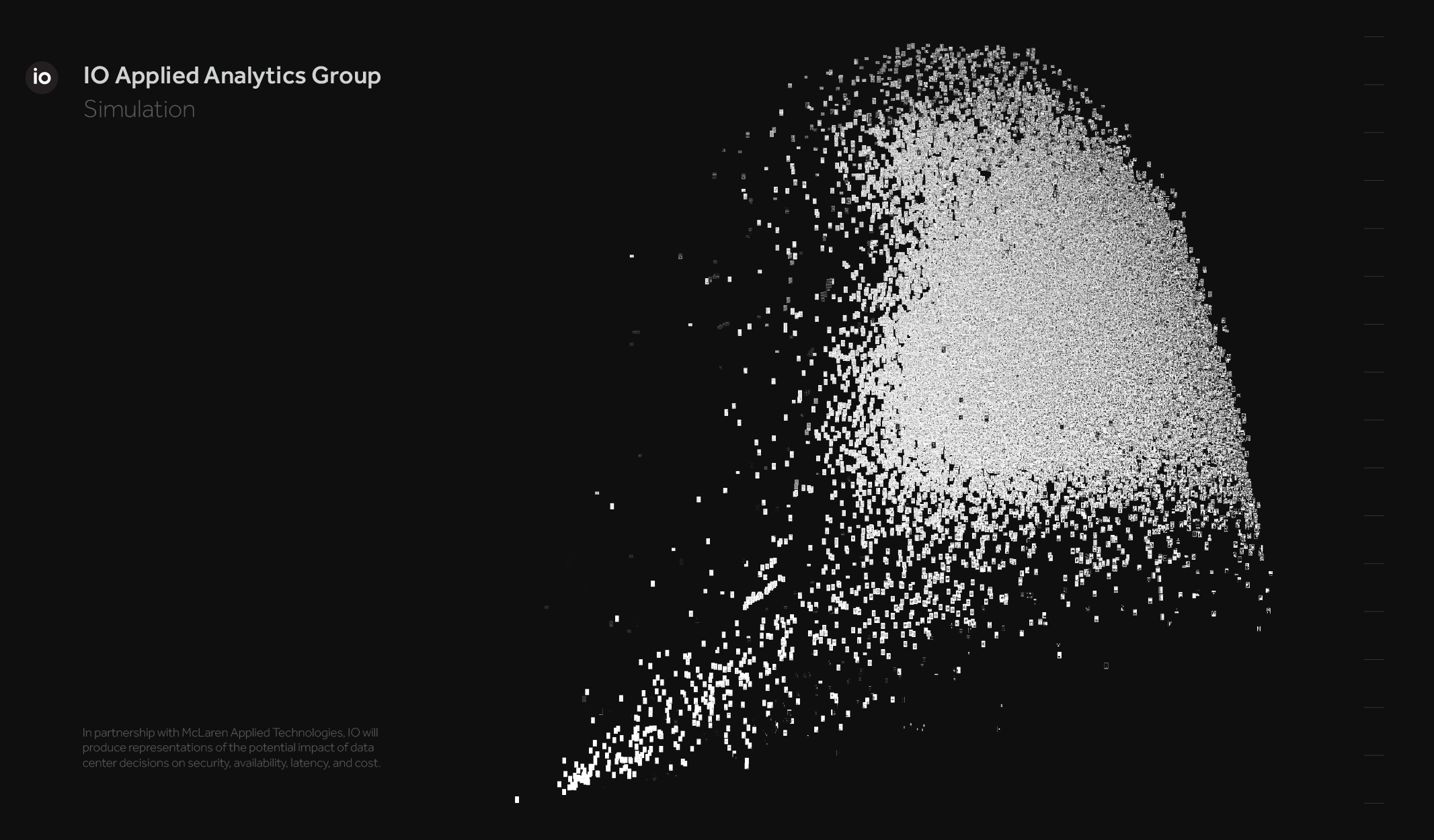 Particle-based simulation illustrating system dynamics and potential outcomes across variables such as performance, latency, and load.