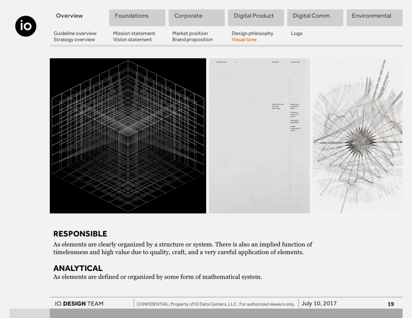 Black-and-white compositions including geometric grid structures and data-driven radial graphics illustrating responsible and analytical visual principles.