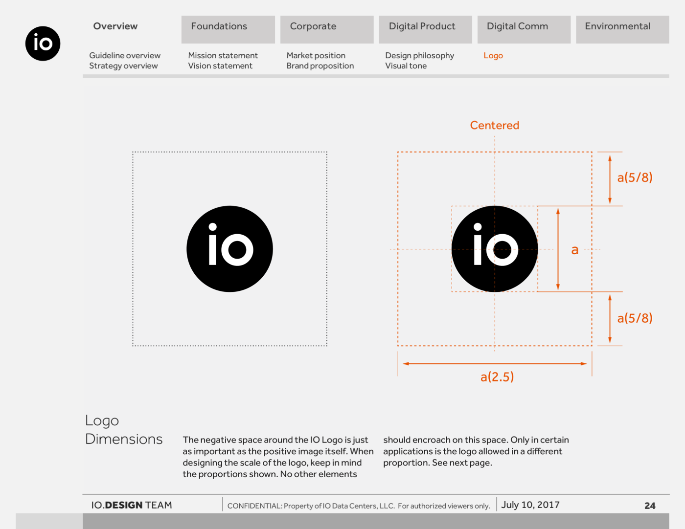 IO logo shown centered within proportional grid system, illustrating spacing, alignment, and clear space rules for consistent usage.