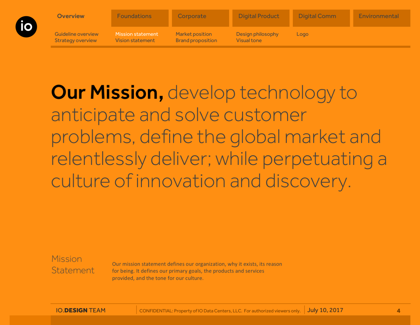 Bright orange slide featuring IO mission statement in large typography, emphasizing innovation, problem-solving, and global market leadership.