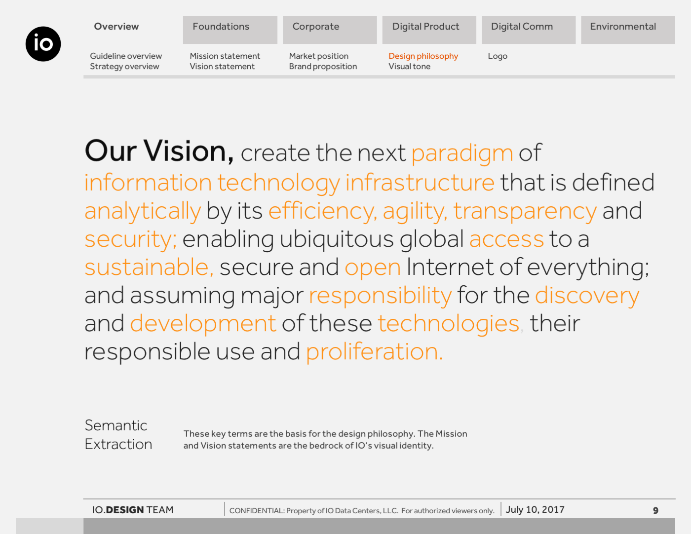 Minimal grey slide with typographic hierarchy highlighting IO vision, with key terms in orange emphasizing analytics, efficiency, transparency, and global access.