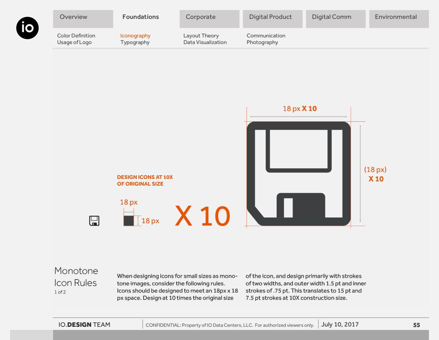 Icon design guideline showing 18px base grid scaled to 10x, with stroke weights and proportions defined for clarity at small sizes.
