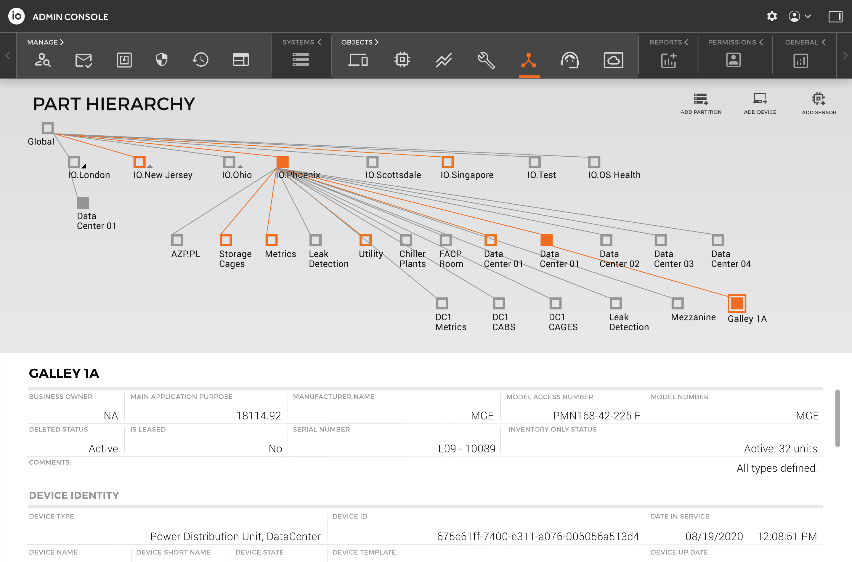 Detailed device information panel displaying metadata, system status, location hierarchy, and operational attributes for a specific infrastructure component.