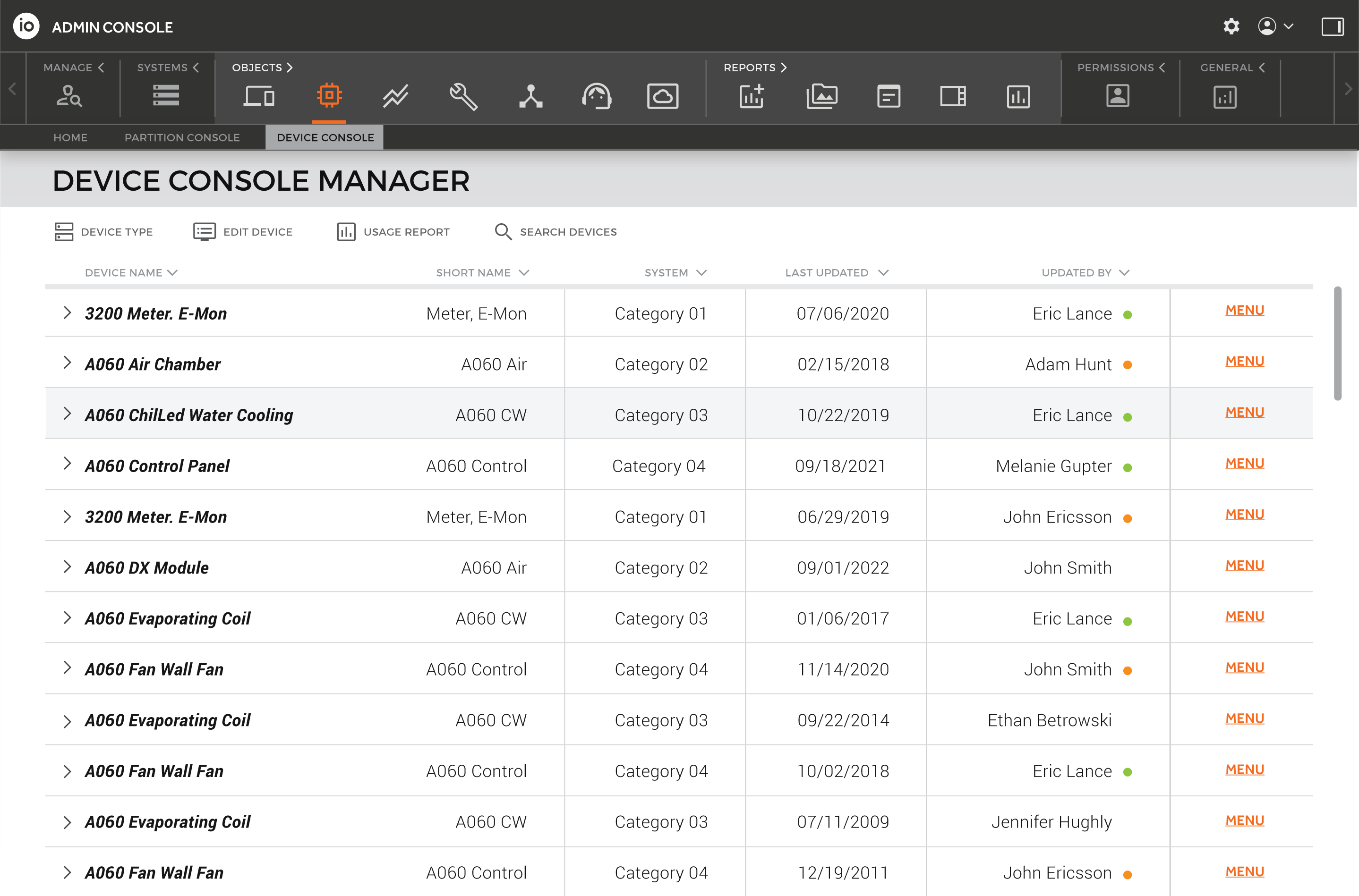 Tabular device management interface listing infrastructure components with categories, status indicators, update history, and user assignments.