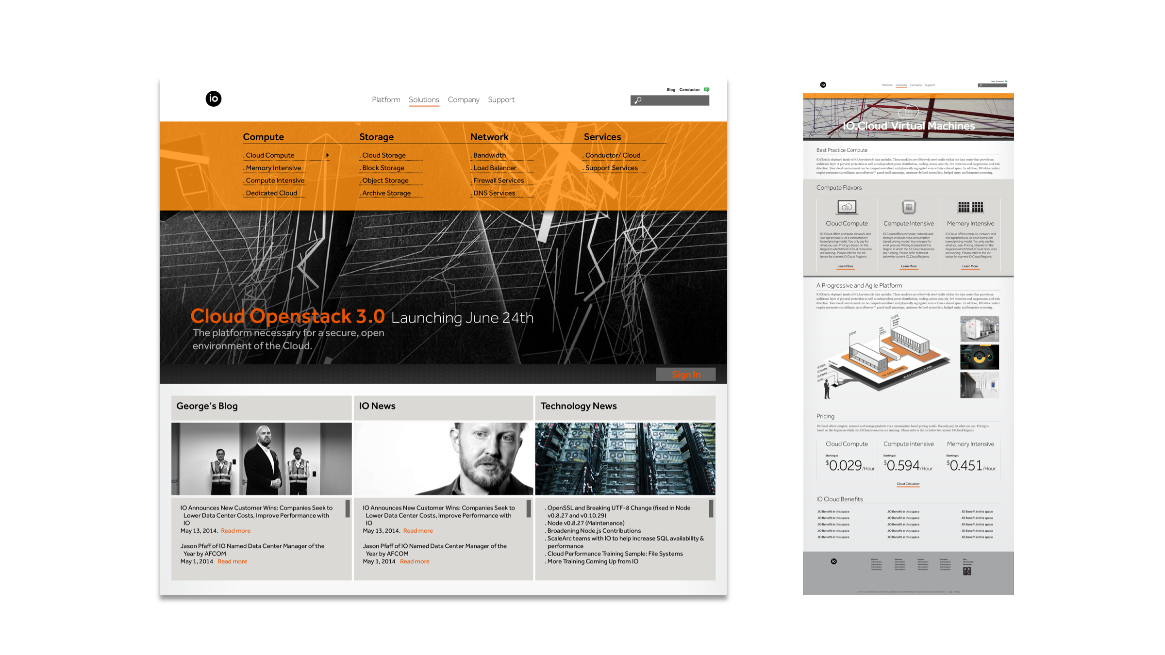 Cloud platform website showing expanded solutions navigation with categories for compute, storage, network, and services alongside a content-rich homepage with news and product updates.