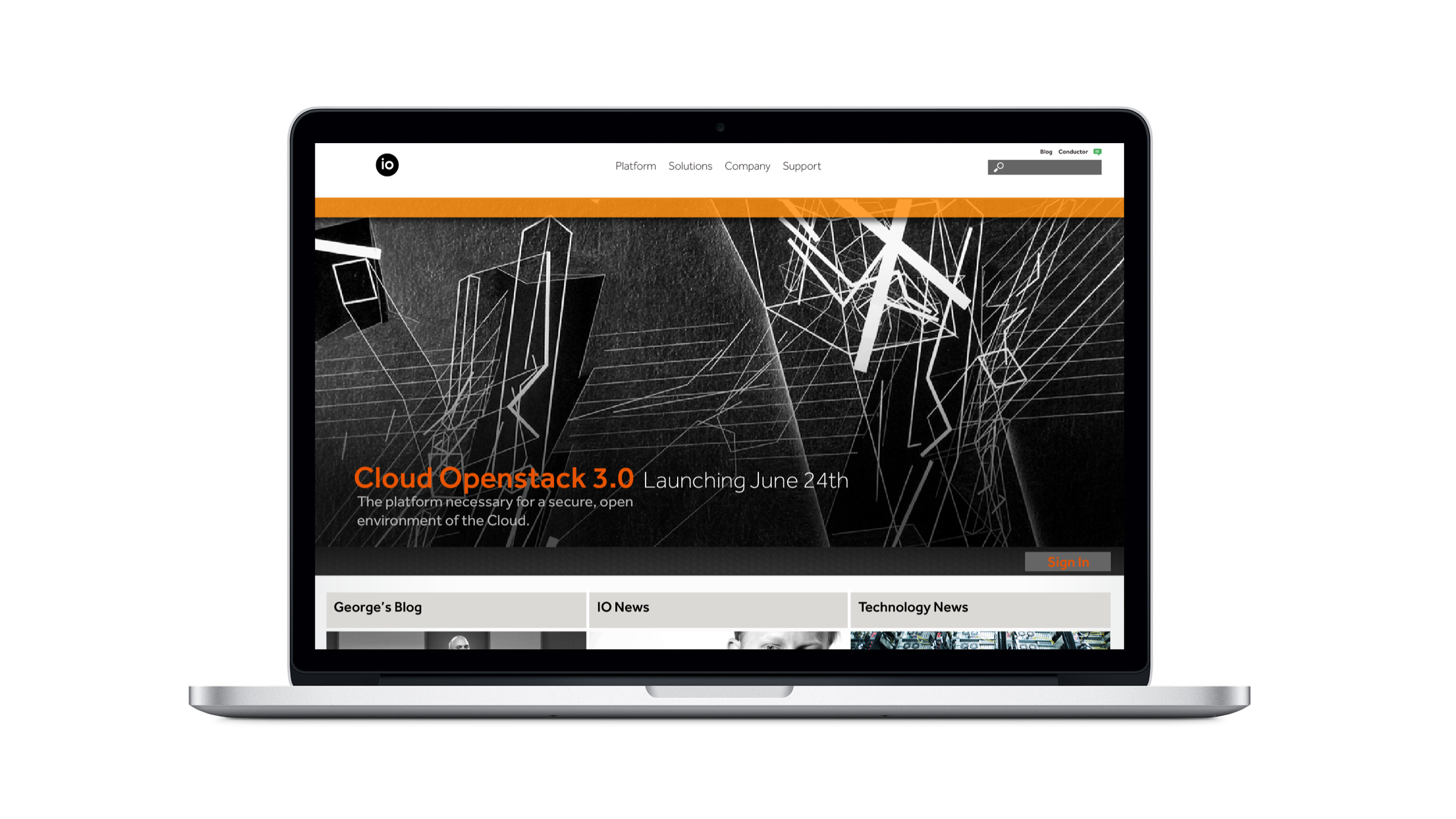 Marketing homepage displayed on a laptop featuring Cloud OpenStack 3.0 launch announcement with abstract data-inspired visuals and primary navigation for platform and solutions.