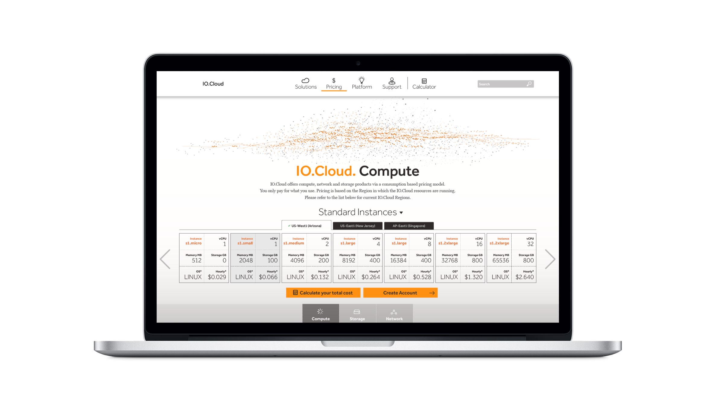 Cloud compute pricing interface displaying standard instance tiers, resource configurations, and cost breakdowns with interactive controls for calculating usage and creating accounts.