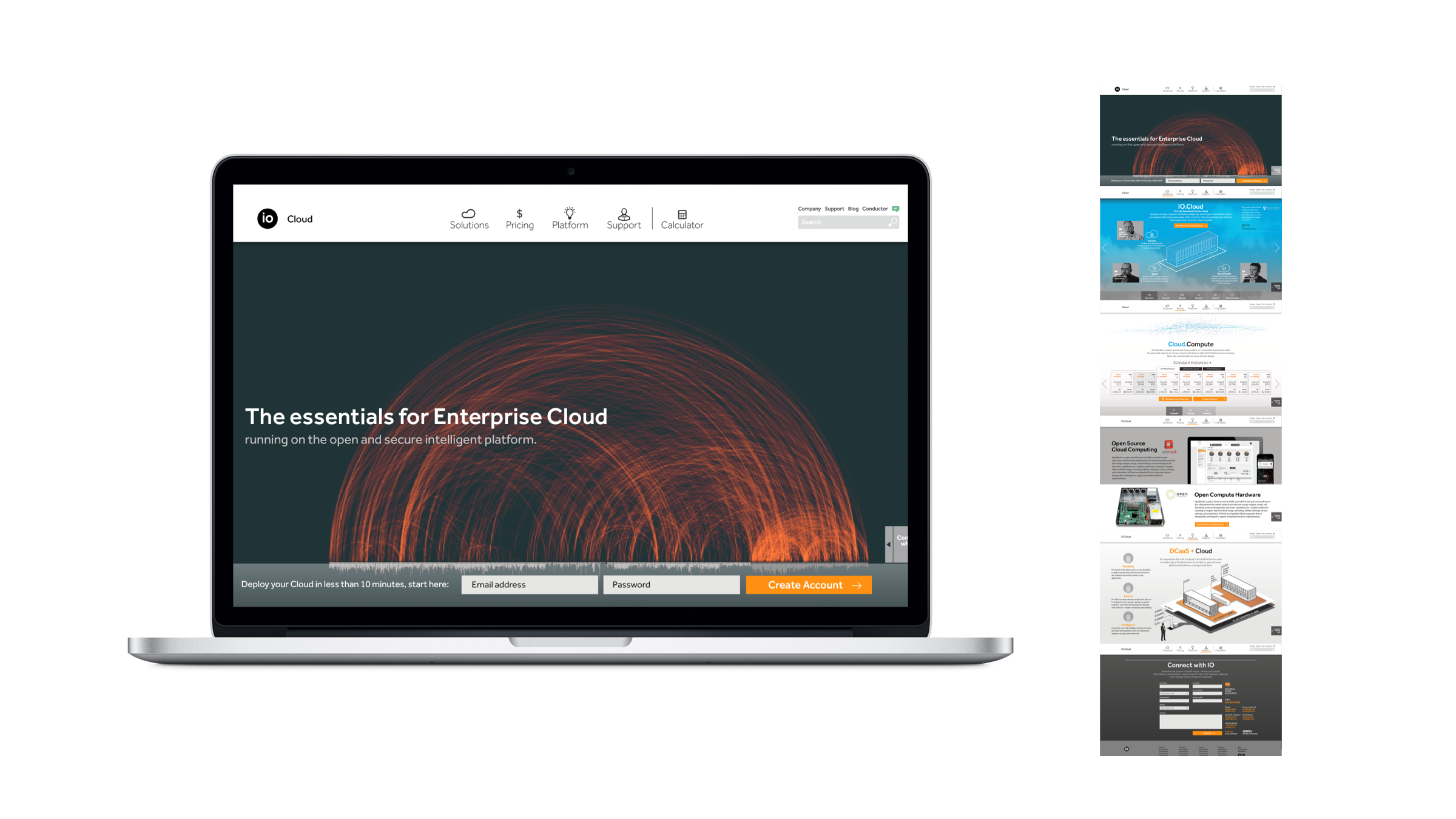 Marketing page for enterprise cloud platform featuring abstract data visualization background, product messaging, and call-to-action for account creation.
