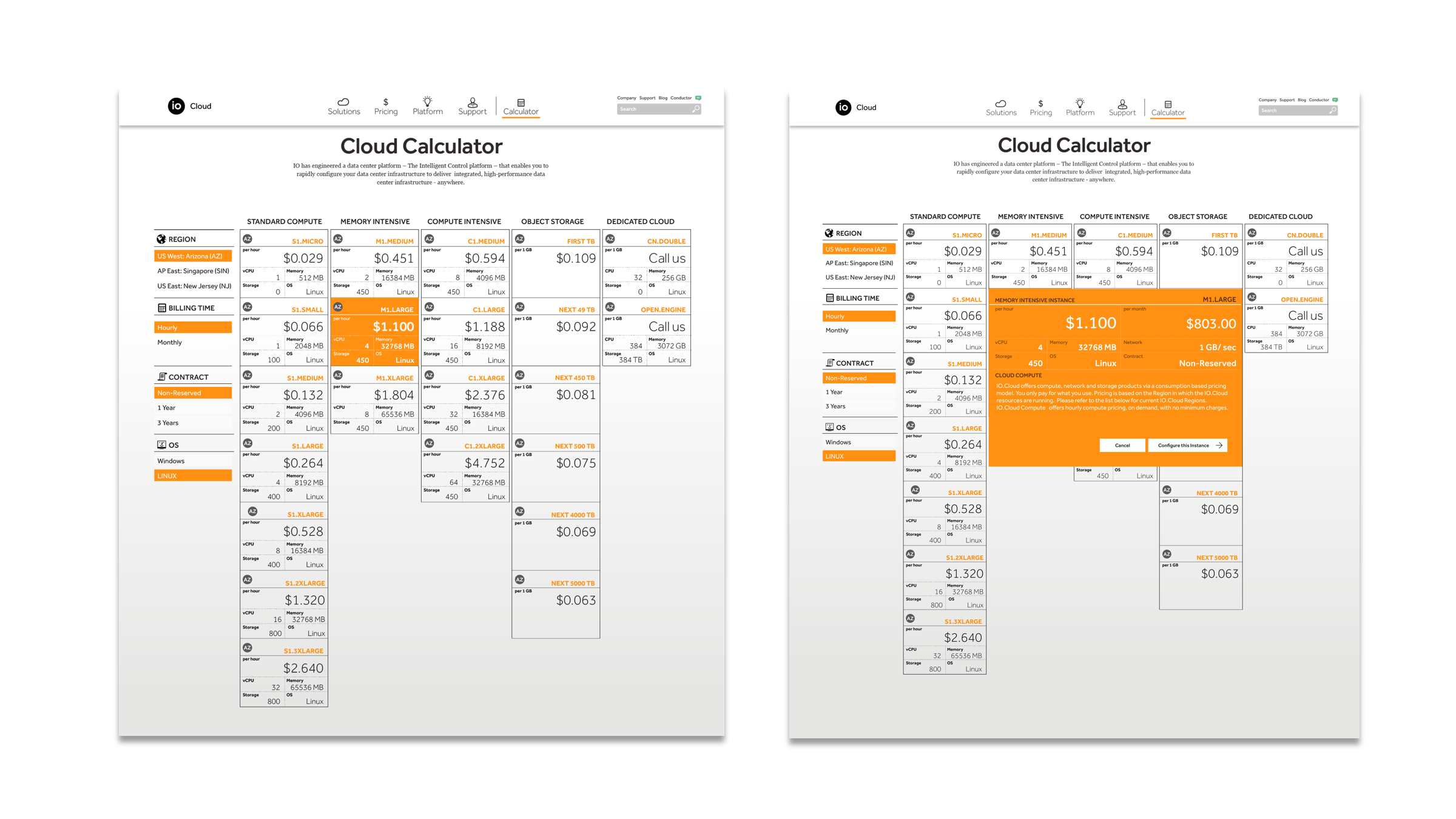 Interactive cloud calculator interface displaying configurable compute options, pricing tiers, regional selections, and real-time cost estimation for infrastructure planning.