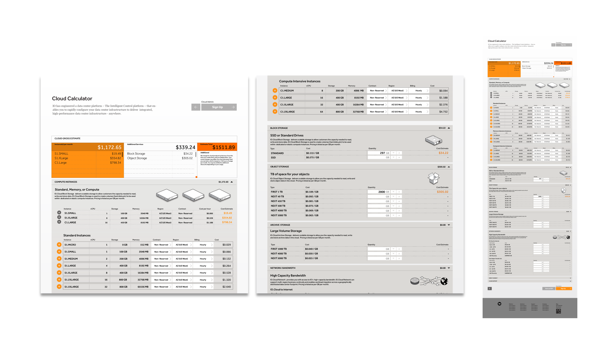 Desktop cloud calculator interface displaying compute instances, storage options, and detailed cost breakdowns with modular sections for infrastructure planning.