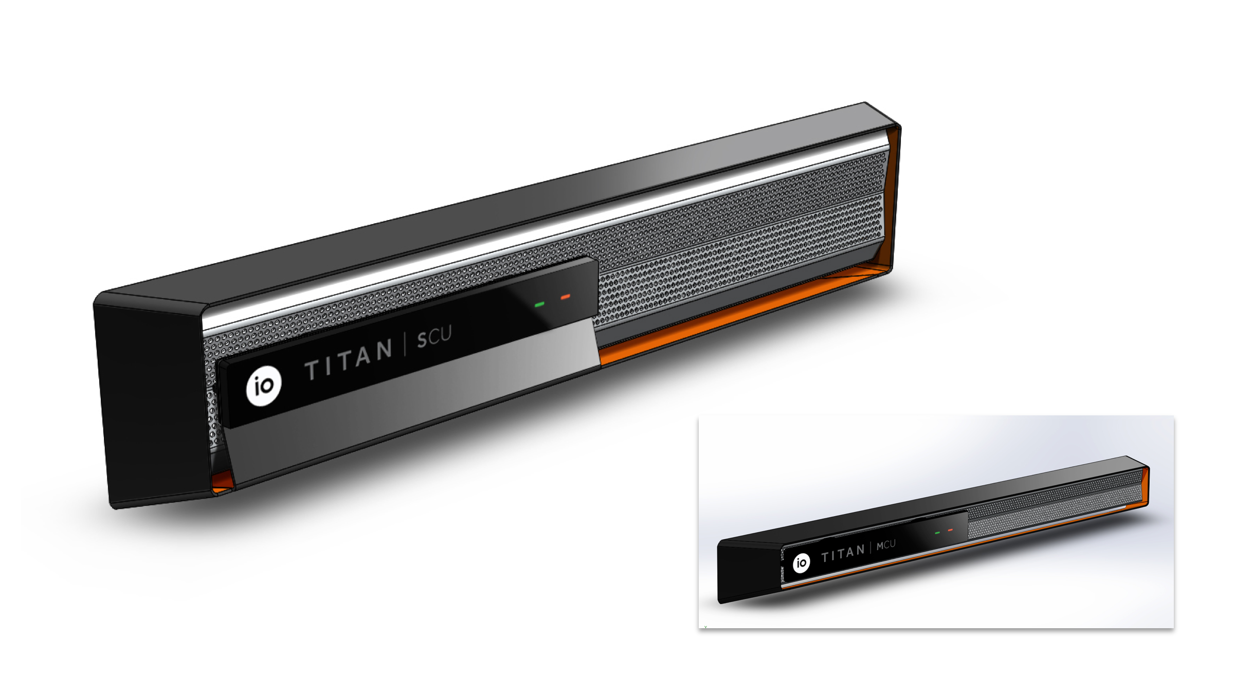 Industrial design rendering of IO Titan server rack cover featuring minimal black enclosure, perforated metal grille, and signature orange accent detail.