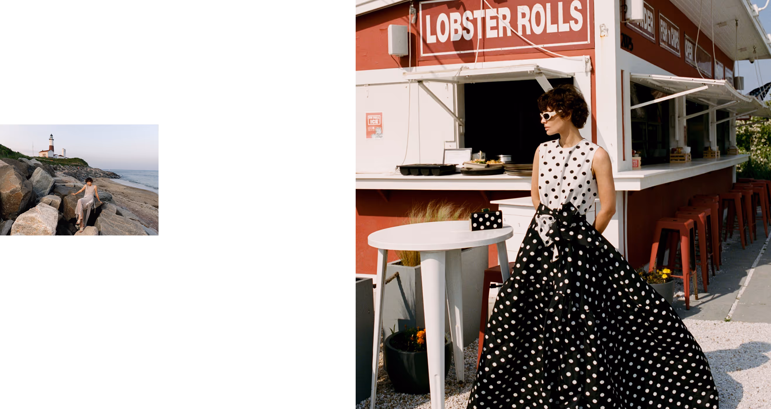 Fashion model in polka dot dress standing outside a lobster rolls stand, editorial photography for Social Life Magazine.