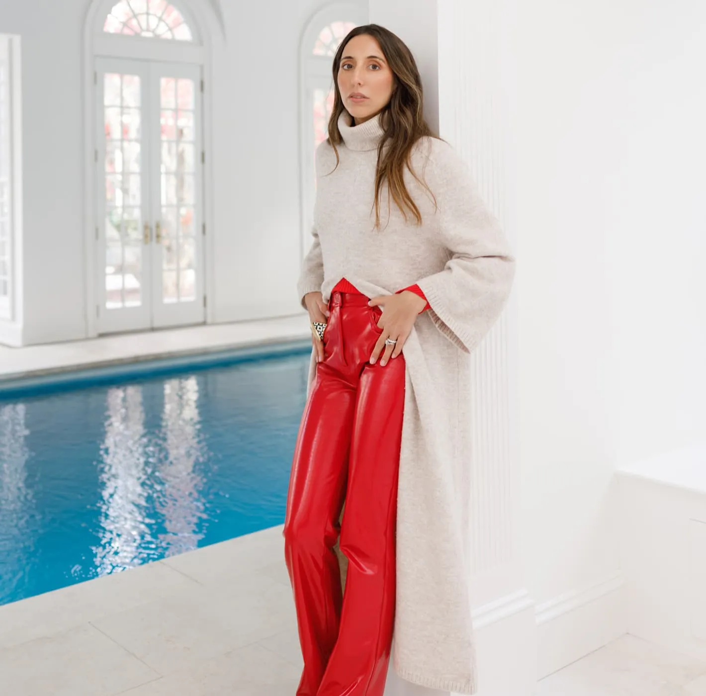 Fashion portrait by an indoor pool, editorial fashion photography for Alexandra Fairweather.