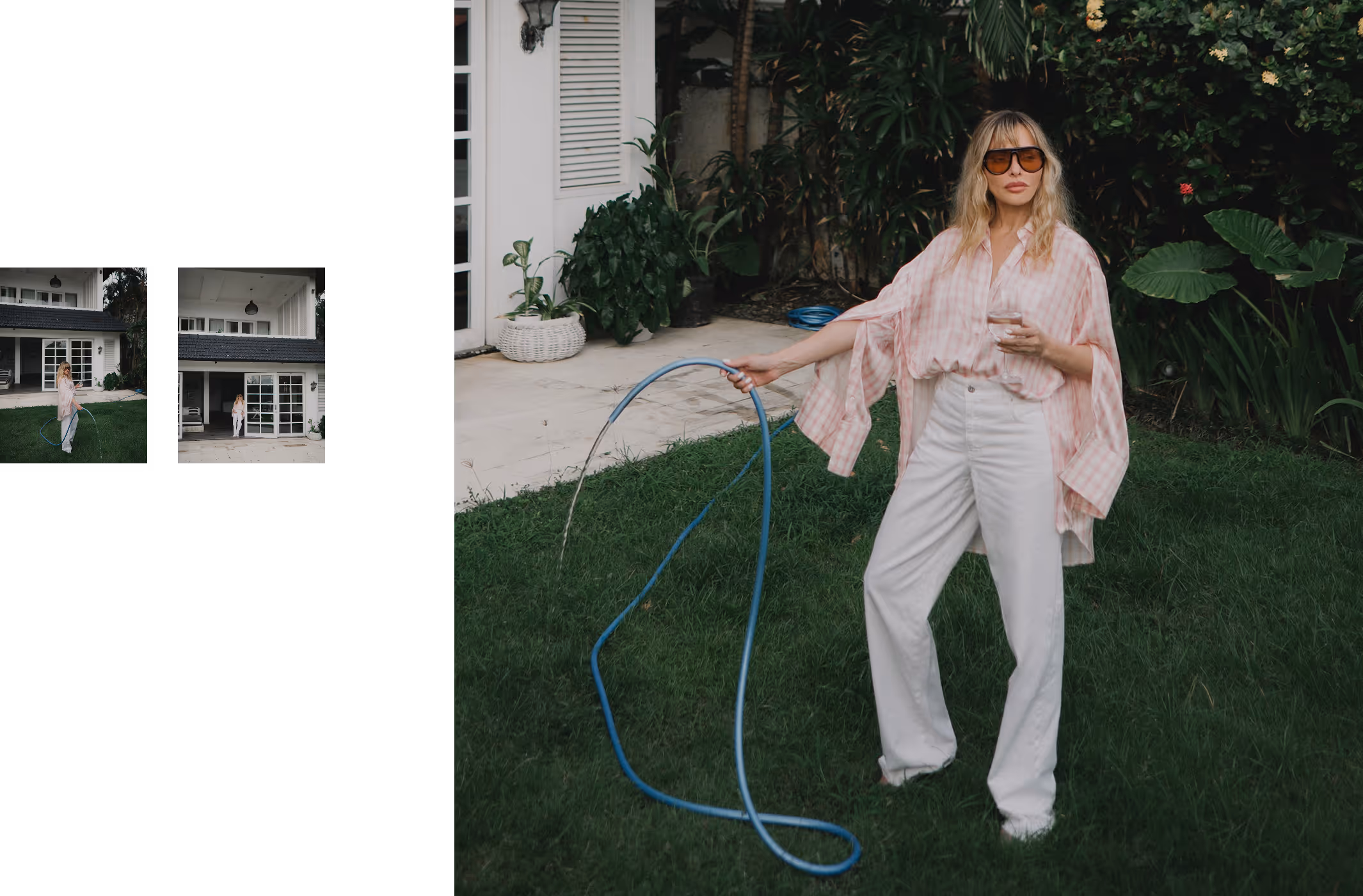 Woman standing in a tropical garden holding a garden hose, editorial photography for Natalya Pavchinskaya.
