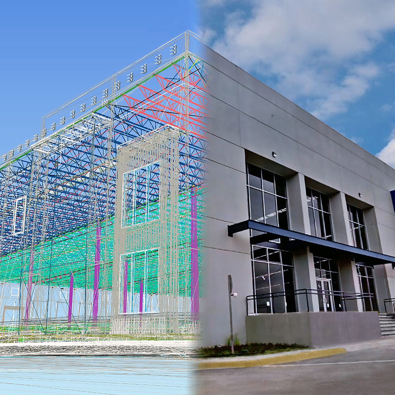 Comparación entre el modelo digital y la fachada terminada de una nave industrial.