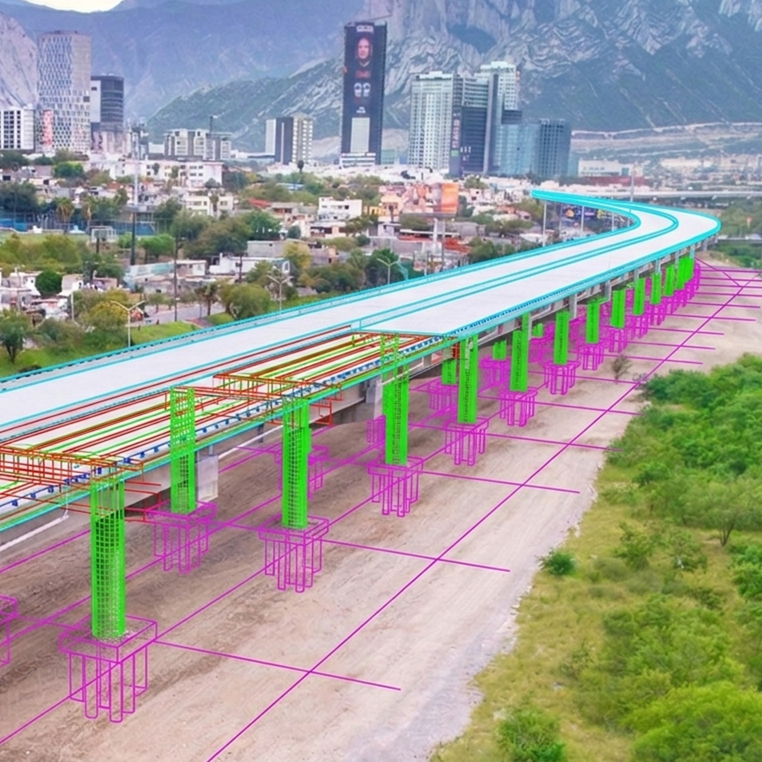 Viaducto con modelo digital de columnas y armado, frente a la ciudad y la sierra.