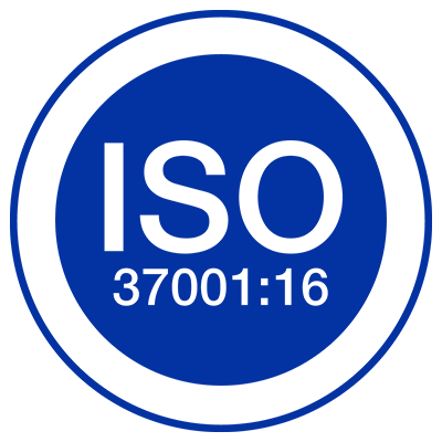 Sello circular azul de ISO 37001:2016.