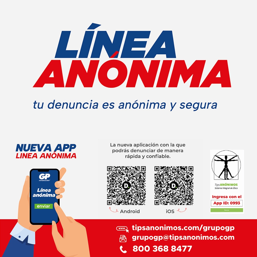 Cartel de la línea anónima de GP, con aplicación, códigos QR y teléfono.